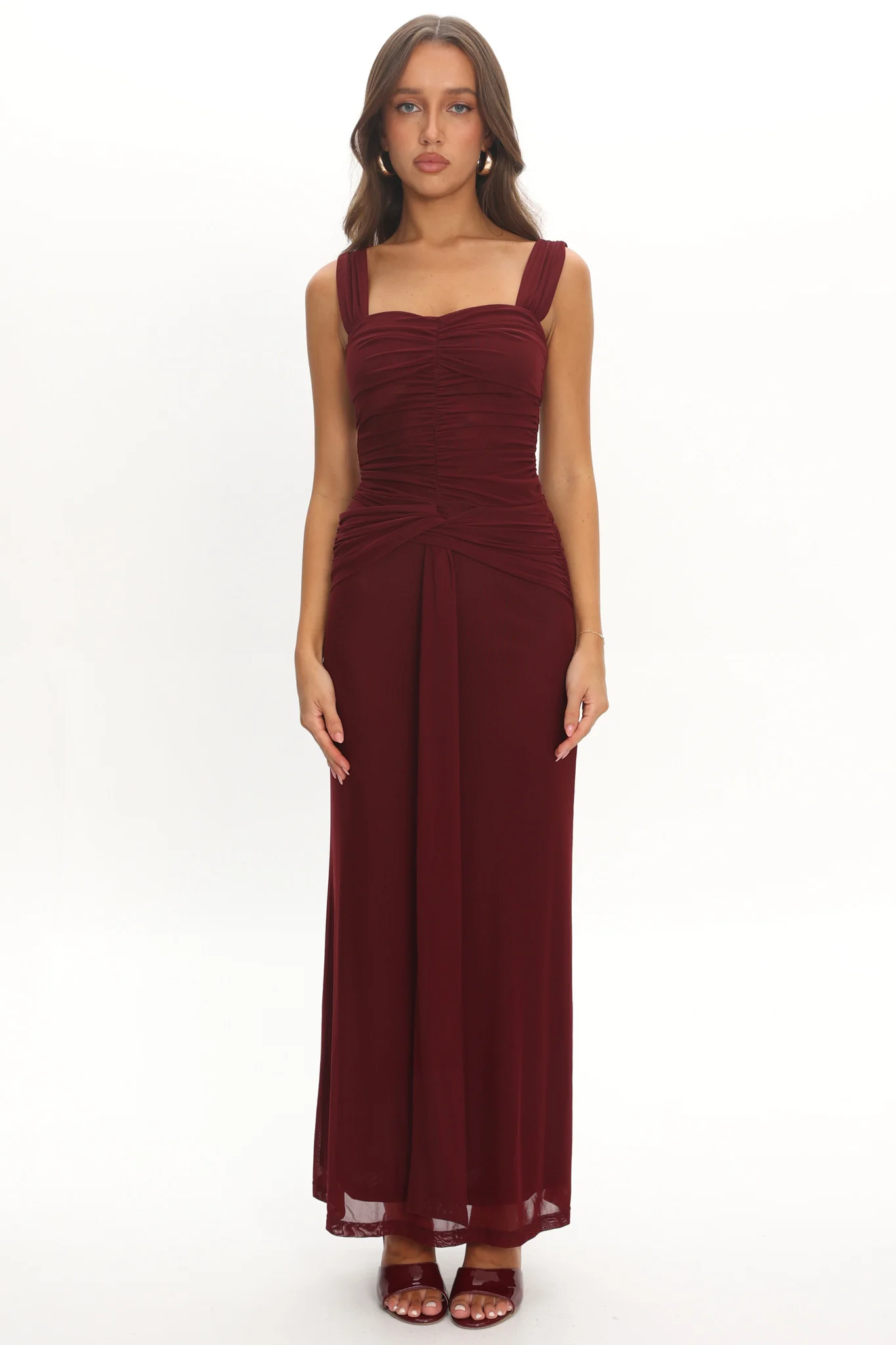 Emara Ruched Waist Sash Maxi Dress Burgundy - Image 5