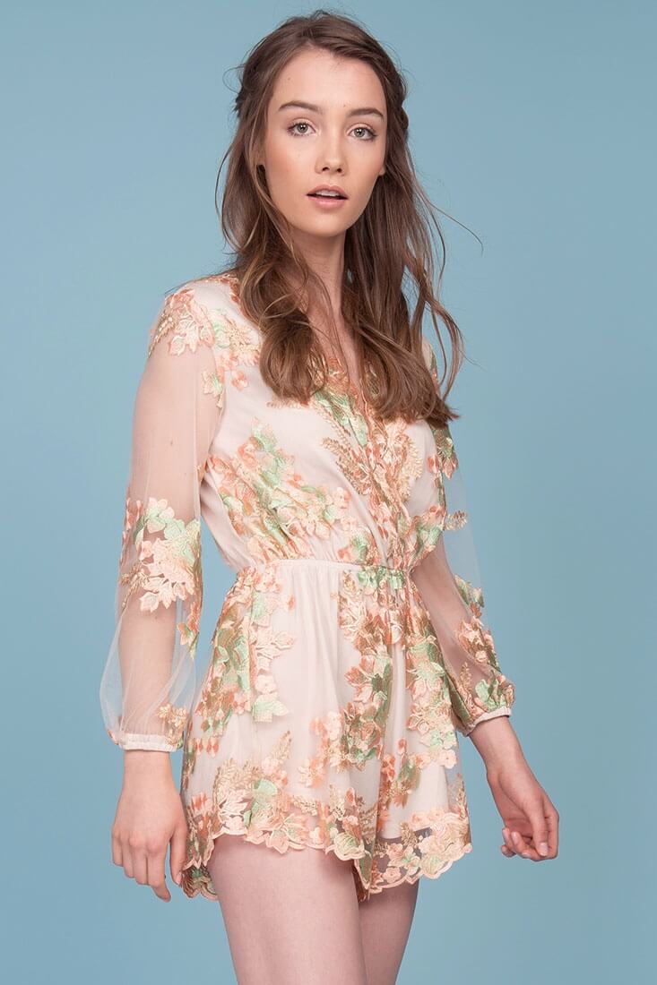 Emelia Embroidered Floral Romper Pink & Green - Image 3