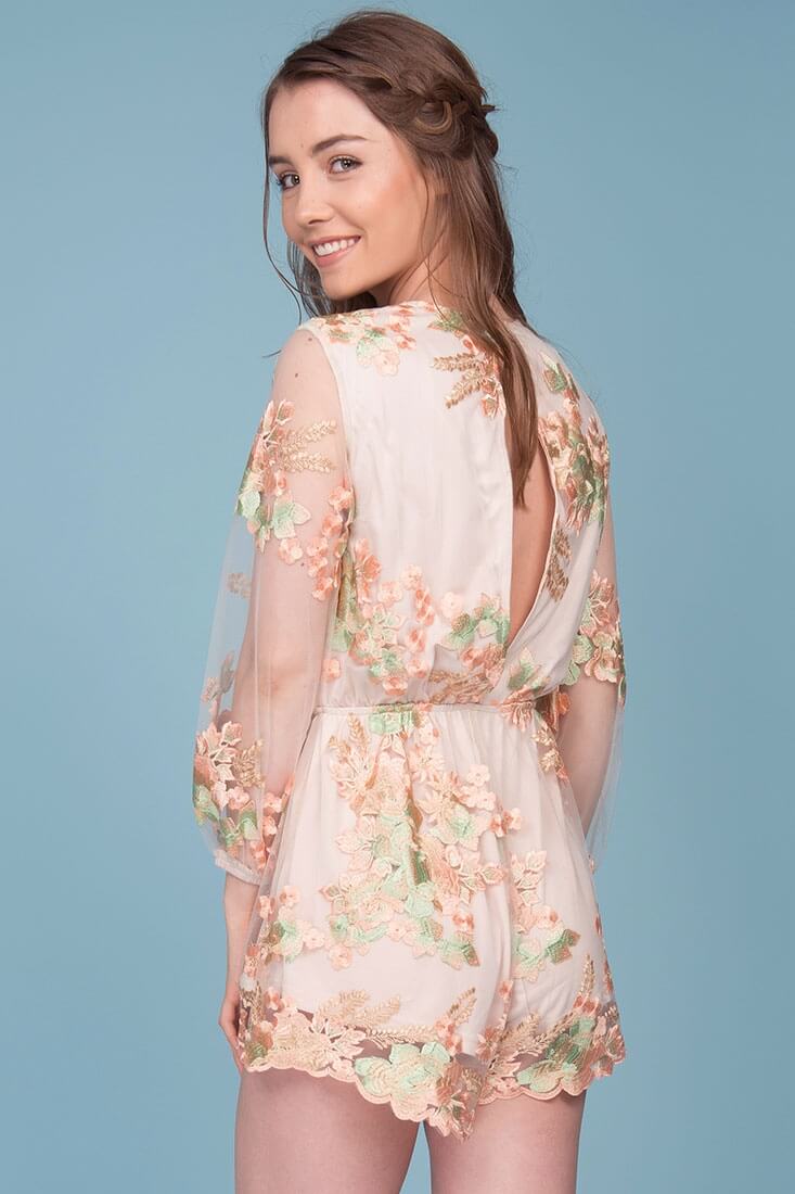 Emelia Embroidered Floral Romper Pink & Green - Image 5