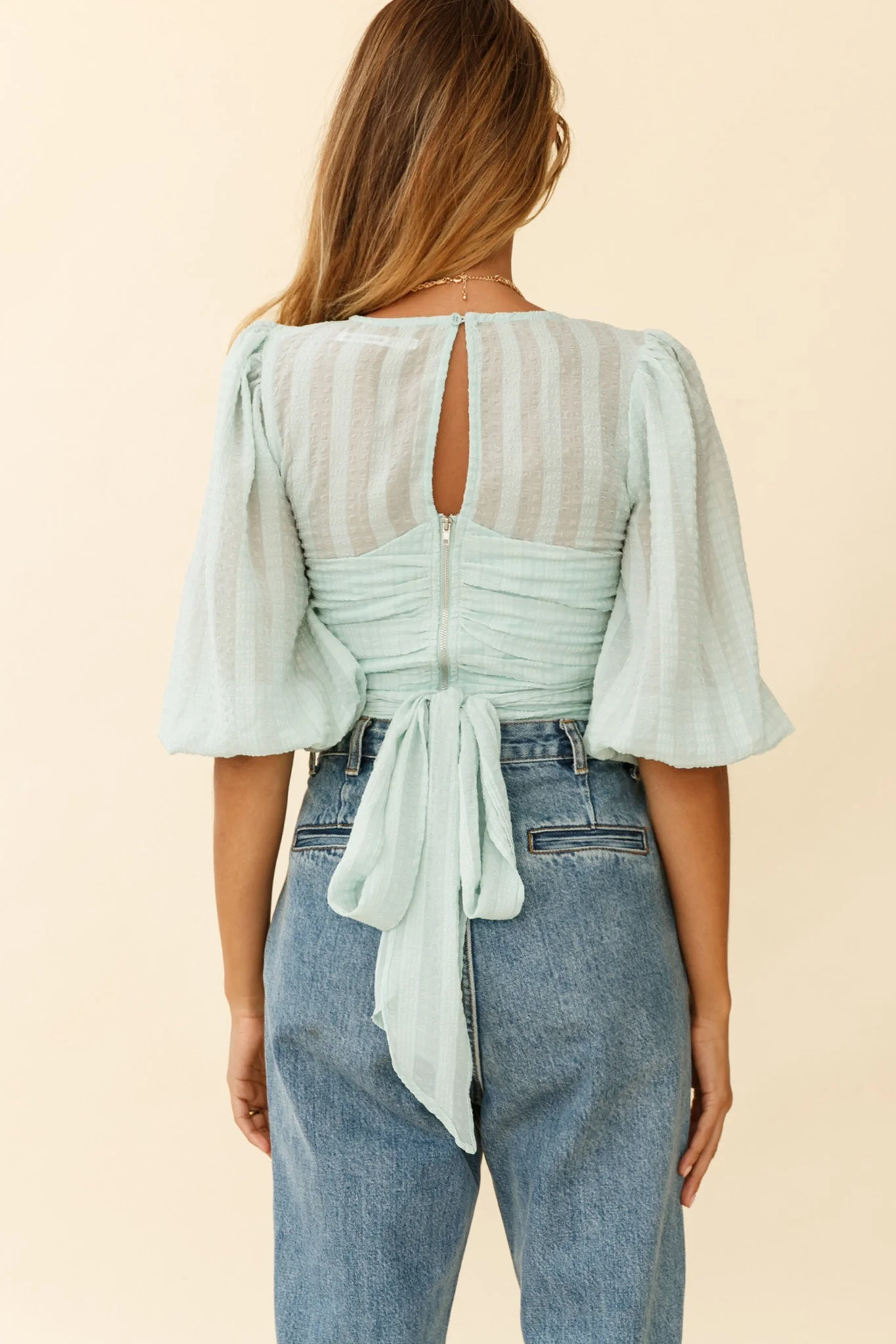 Emerson Puff Sleeve Waist Tie Top Mint - Image 2