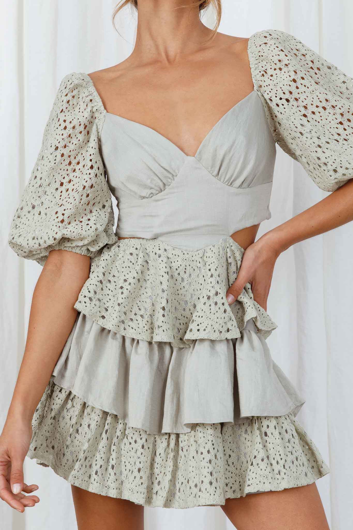 Emery Floral Lace Accent Layered Ruffle Tie Back Dress Avocado - Image 4