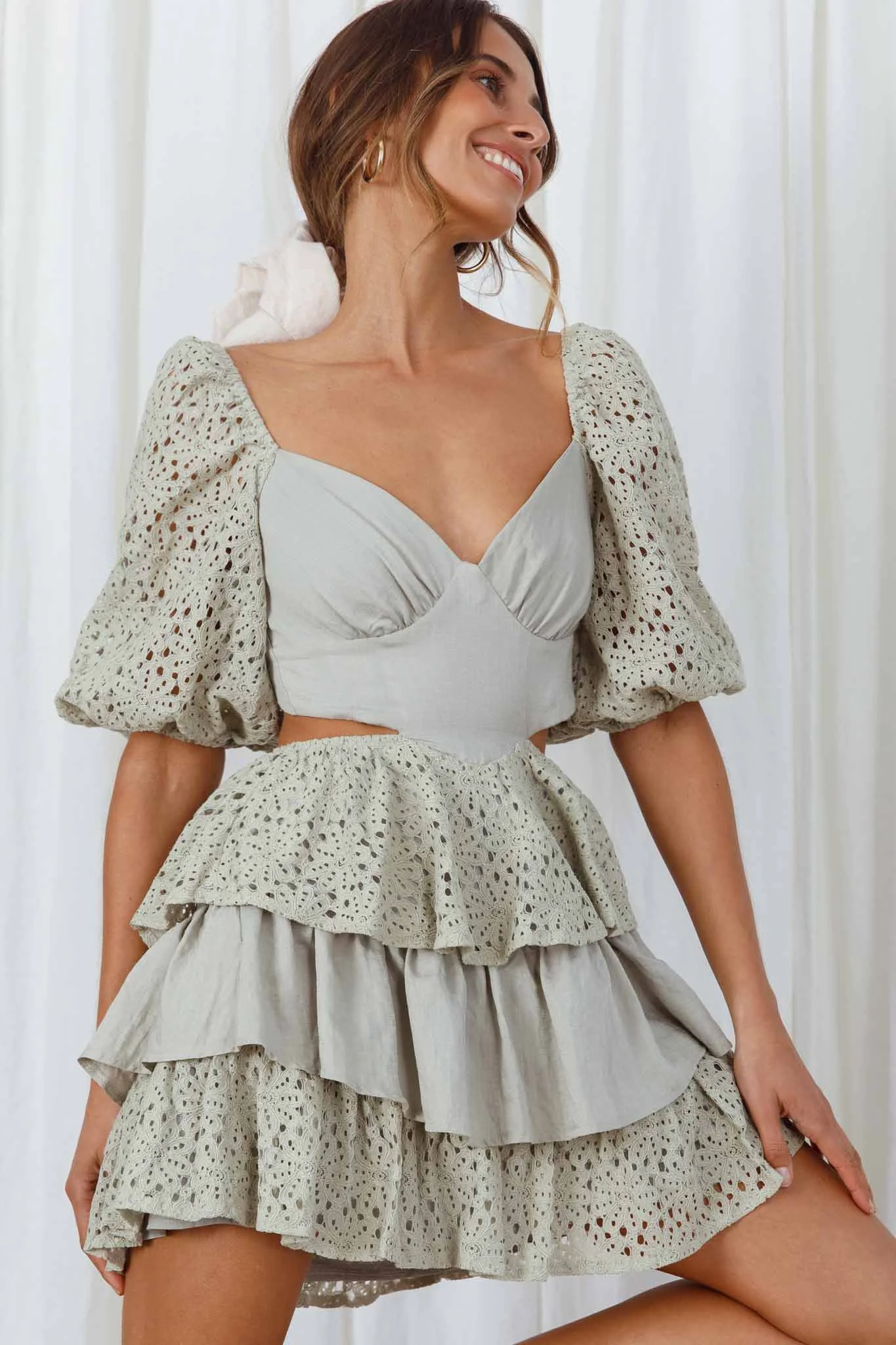 Emery Floral Lace Accent Layered Ruffle Tie Back Dress Avocado - Image 6
