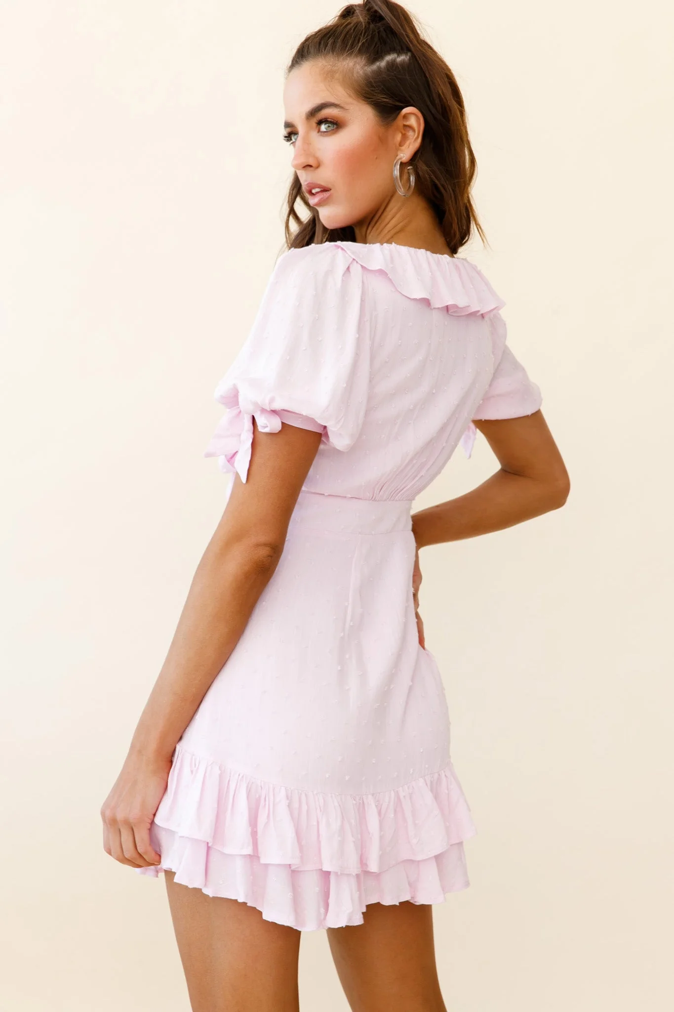 Emery Tied Bust Puff Sleeve Ruffle Dress Baby Pink - Image 2