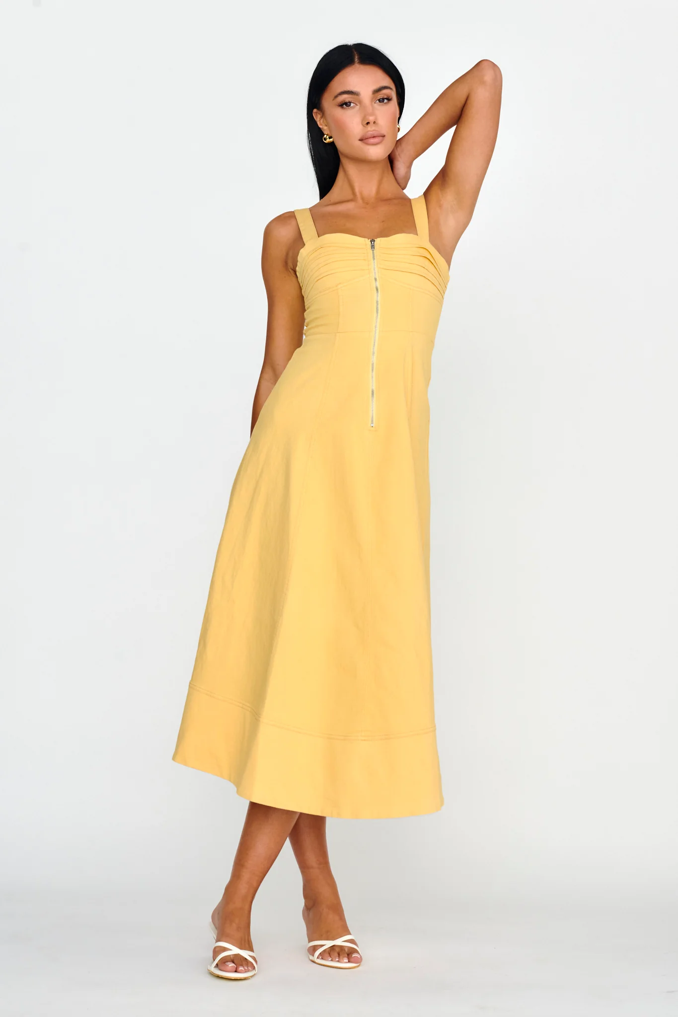 Emilio Pleated Bust A-Line Midi Dress Yellow - Image 3