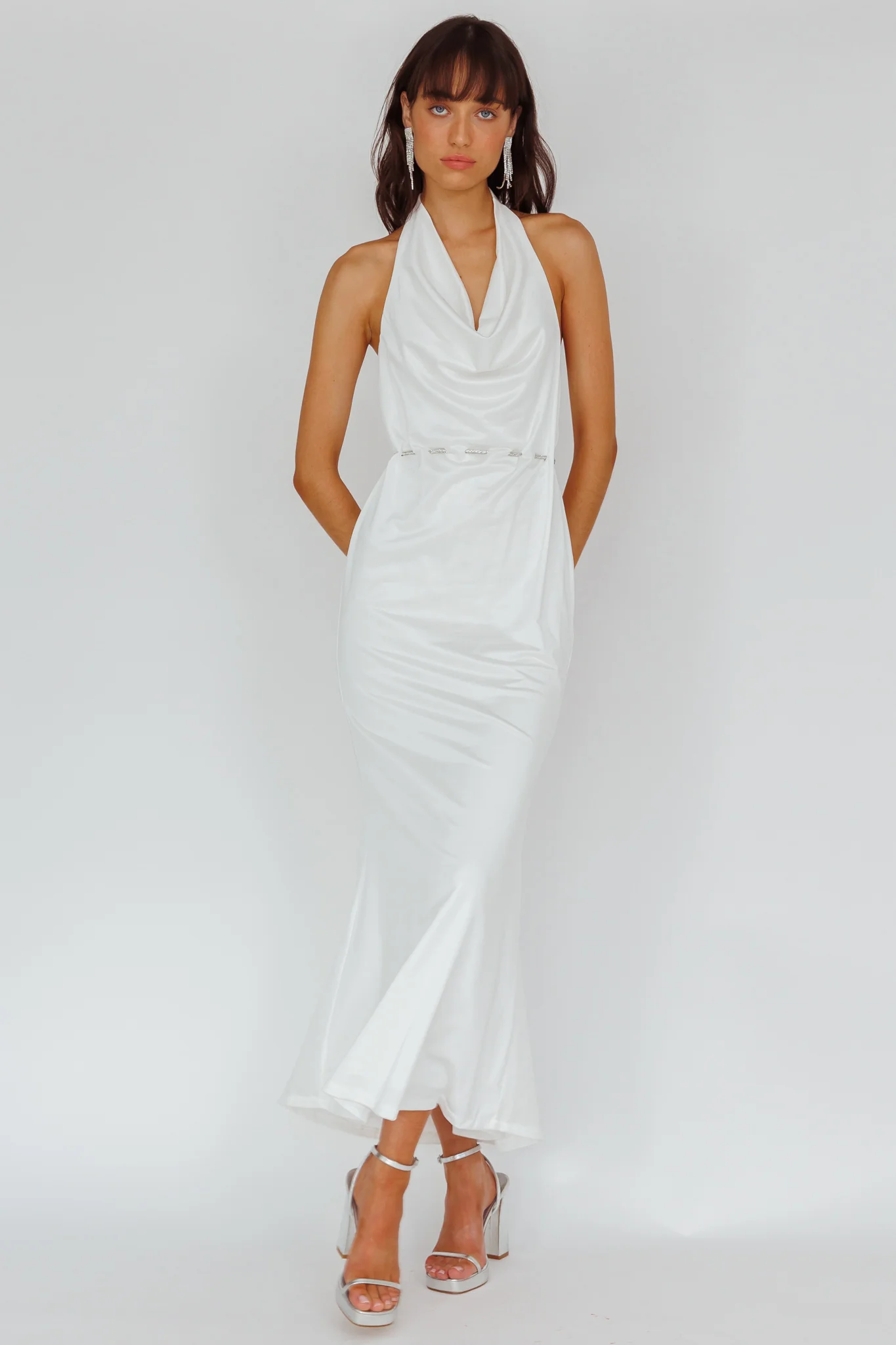 Emmi Cowl Neck Diamante Rope Dress White - Image 3