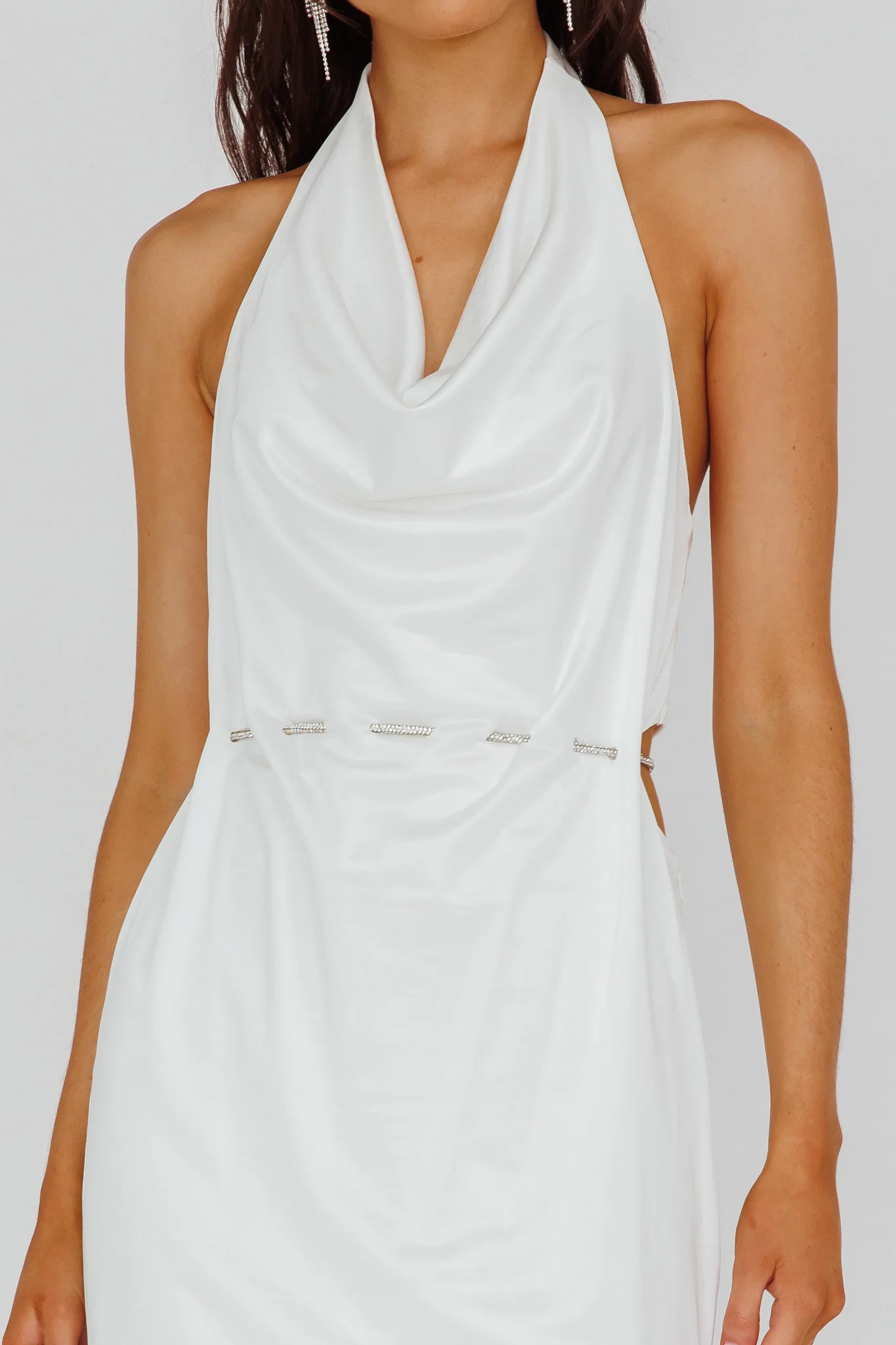 Emmi Cowl Neck Diamante Rope Dress White - Image 4