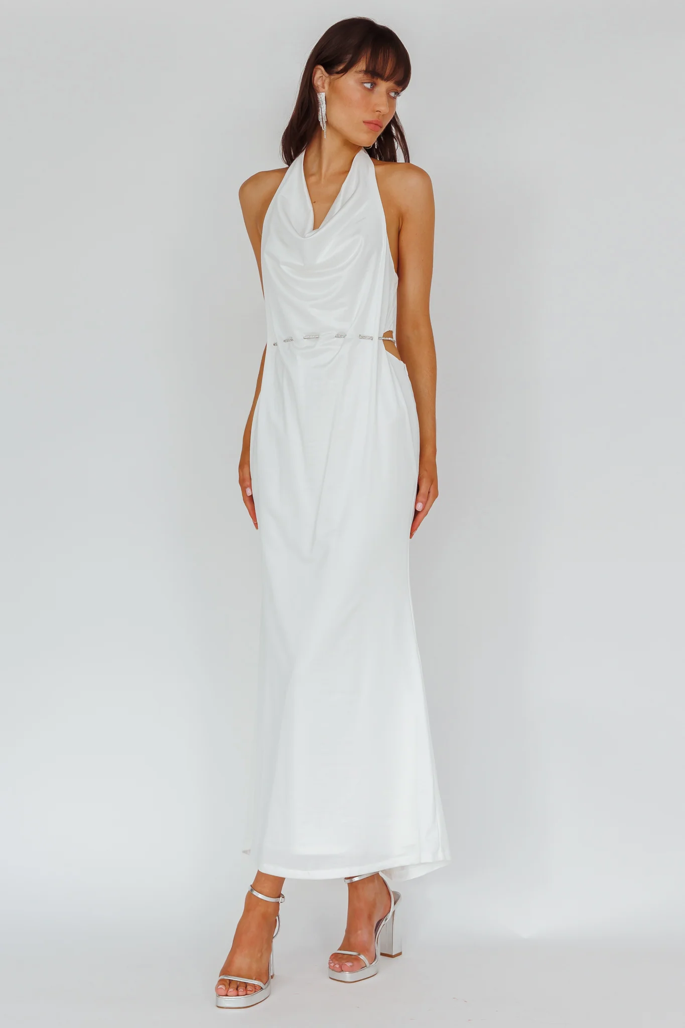 Emmi Cowl Neck Diamante Rope Dress White - Image 5