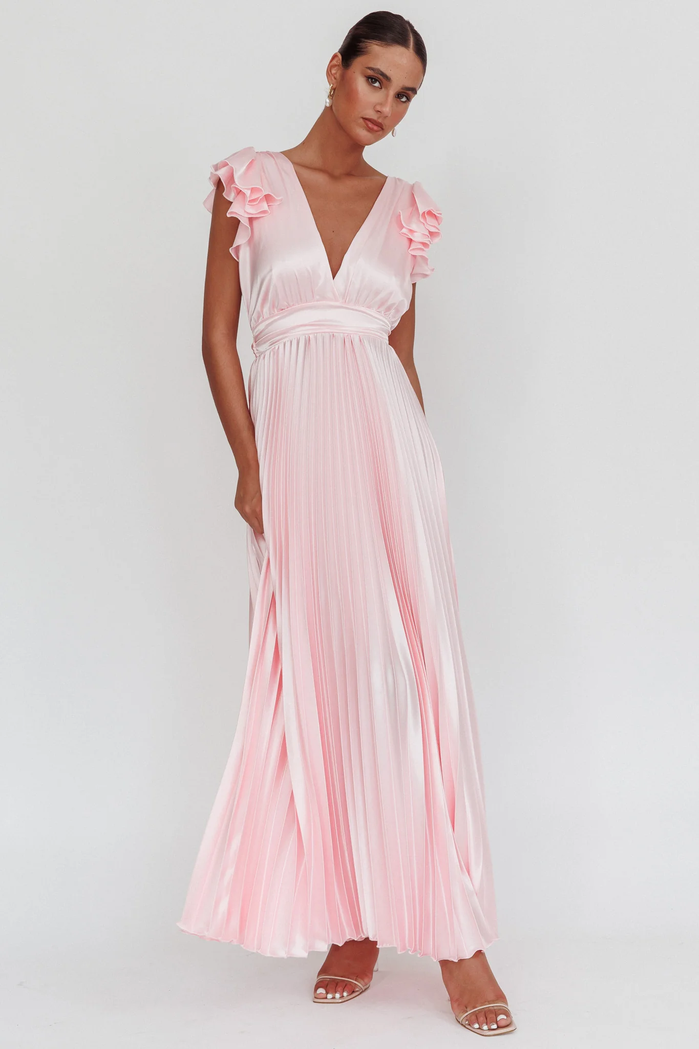Enchantment Ruffle Sleeve Pleat Maxi Dress Pink - Image 4