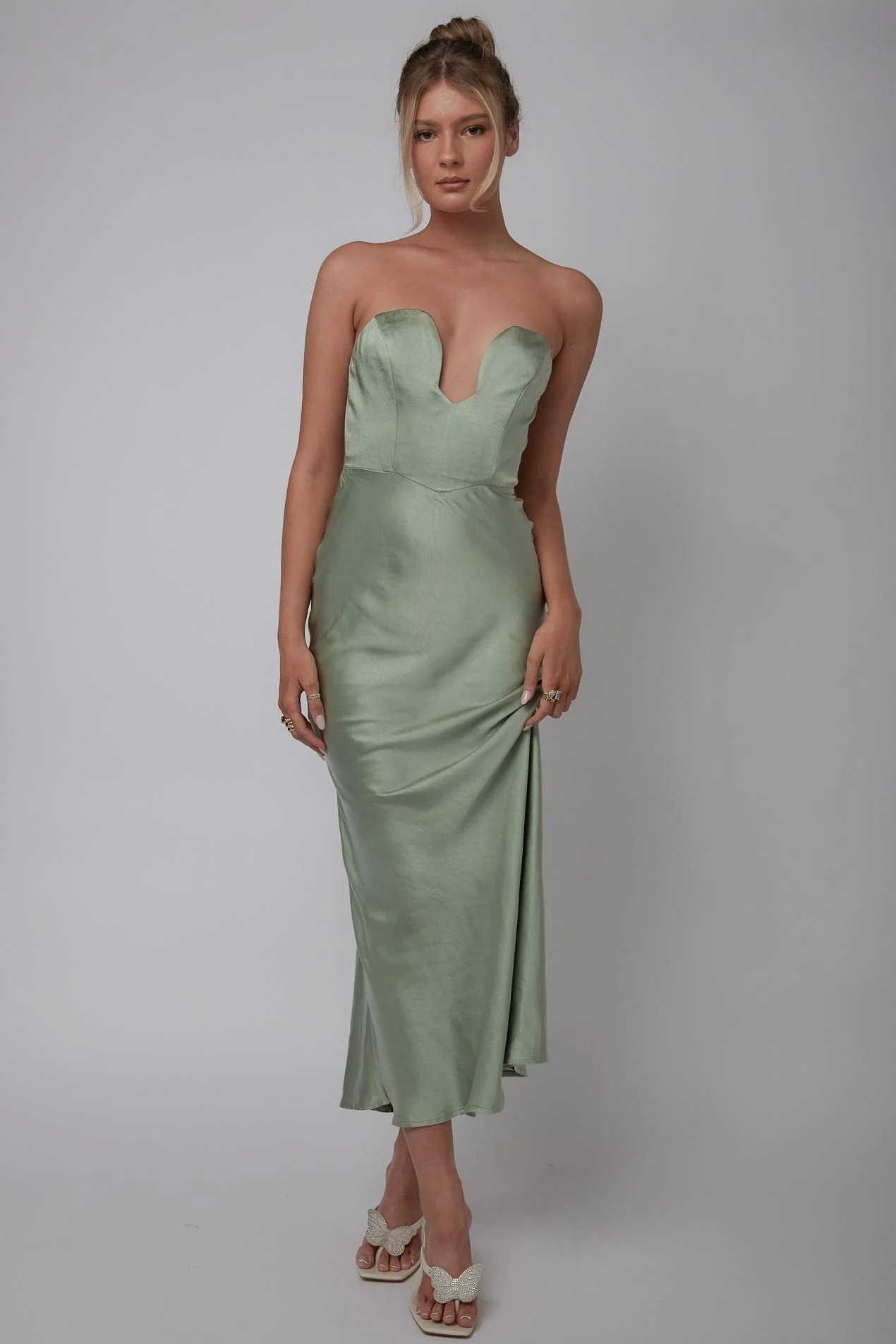 Encore Strapless Satin Maxi Dress Olive - Image 4