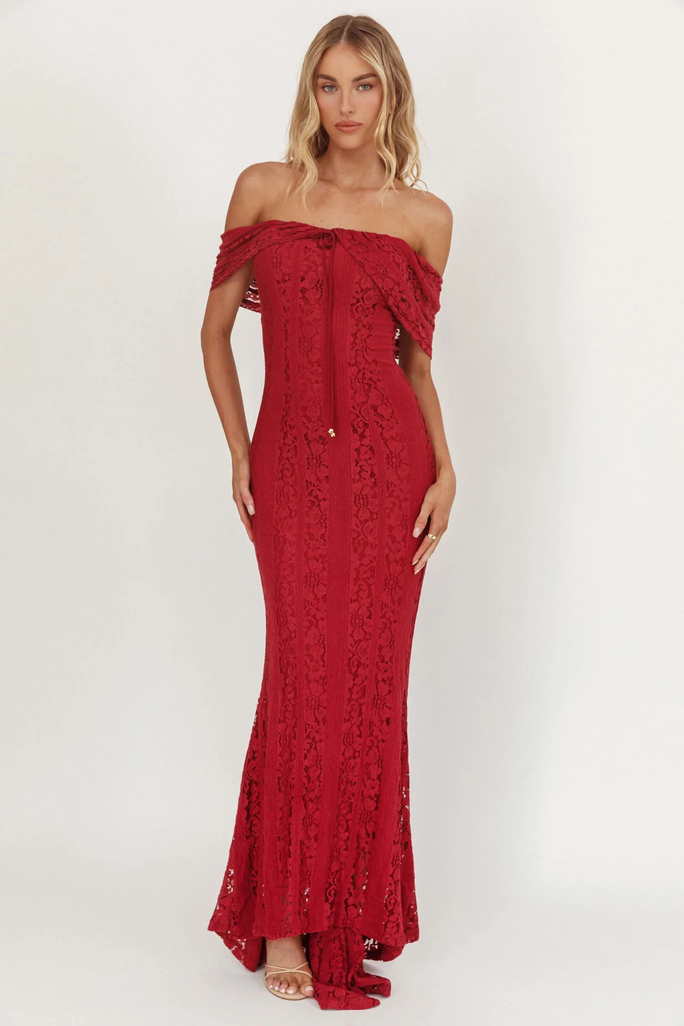 Enigma Off-Shoulder Maxi Dress Lace Wine - Image 5