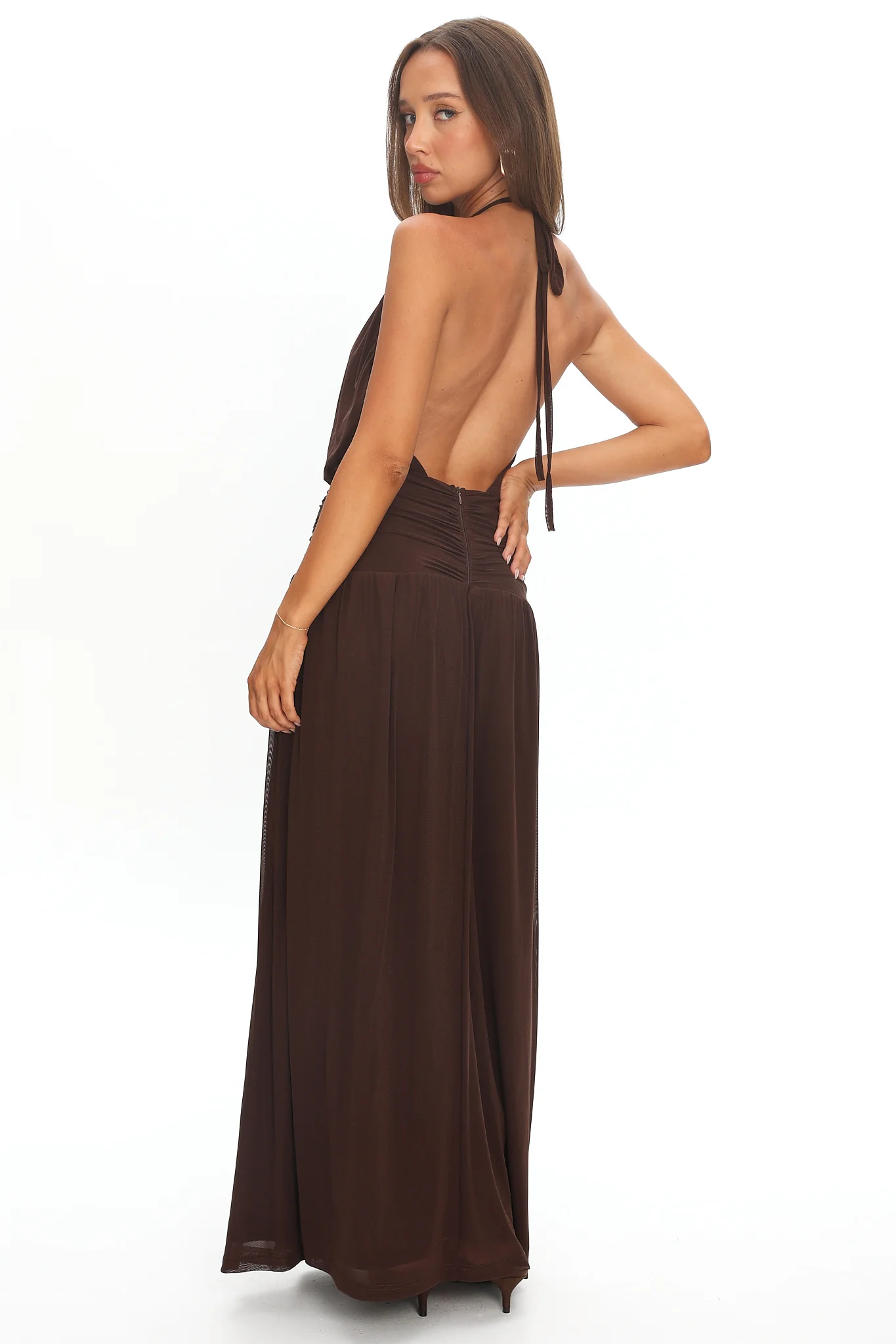 Entangled Backless Halter Maxi Dress Chocolate - Image 3