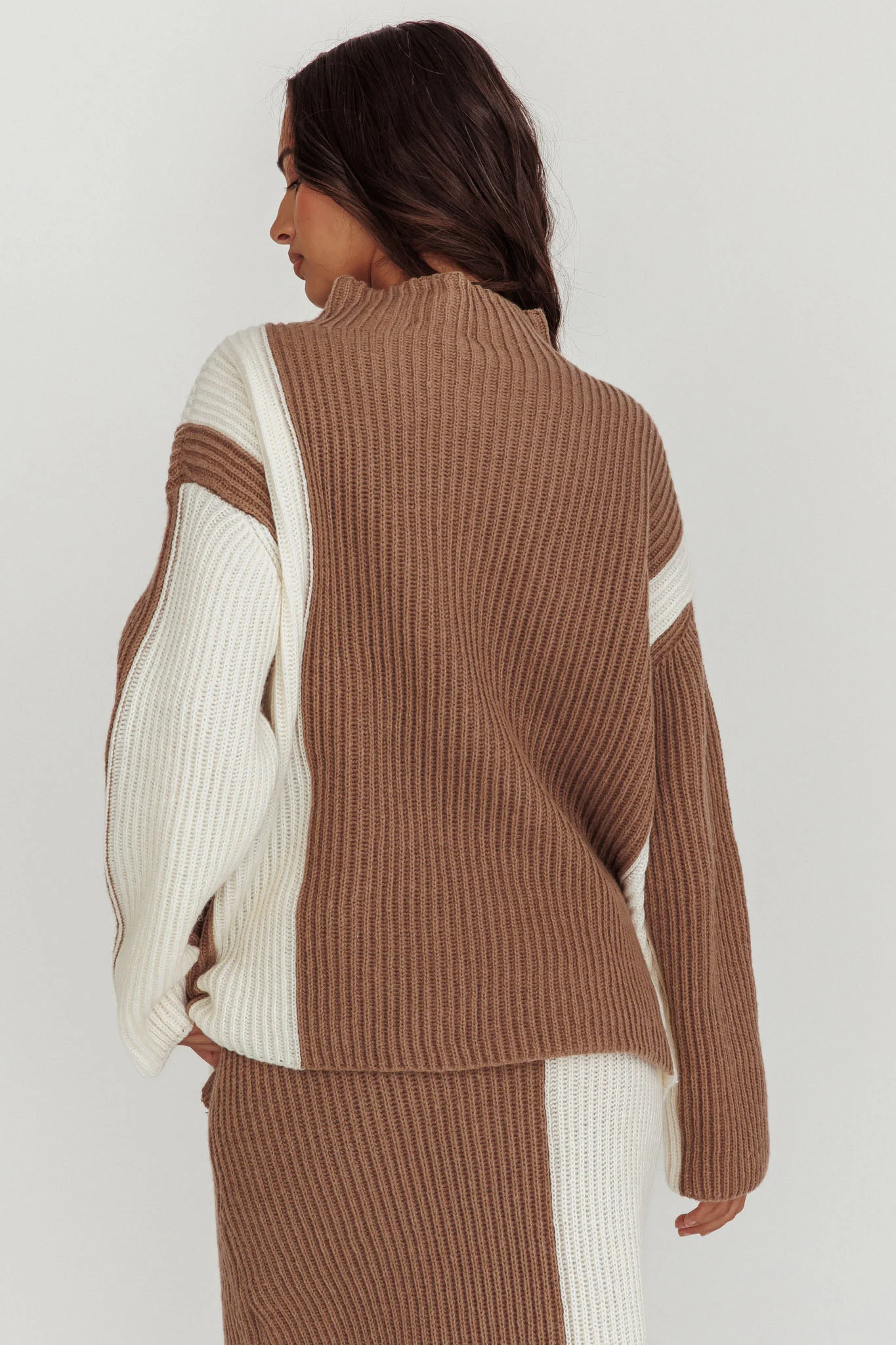 Eos Ribbed Mock Neck Knit Jumper Mocha Cream - Image 2