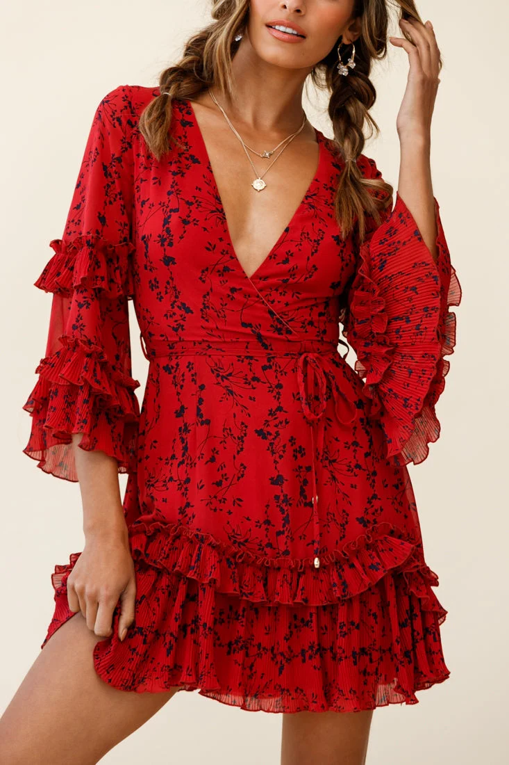 Erica Bell Sleeve Accordion Pleat Dress Floral Print Red - Image 6