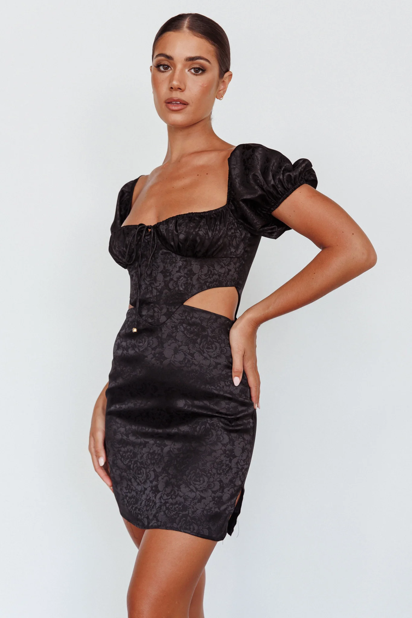 Eryn Puff Sleeve Jacquard Mini Dress Black - Image 5