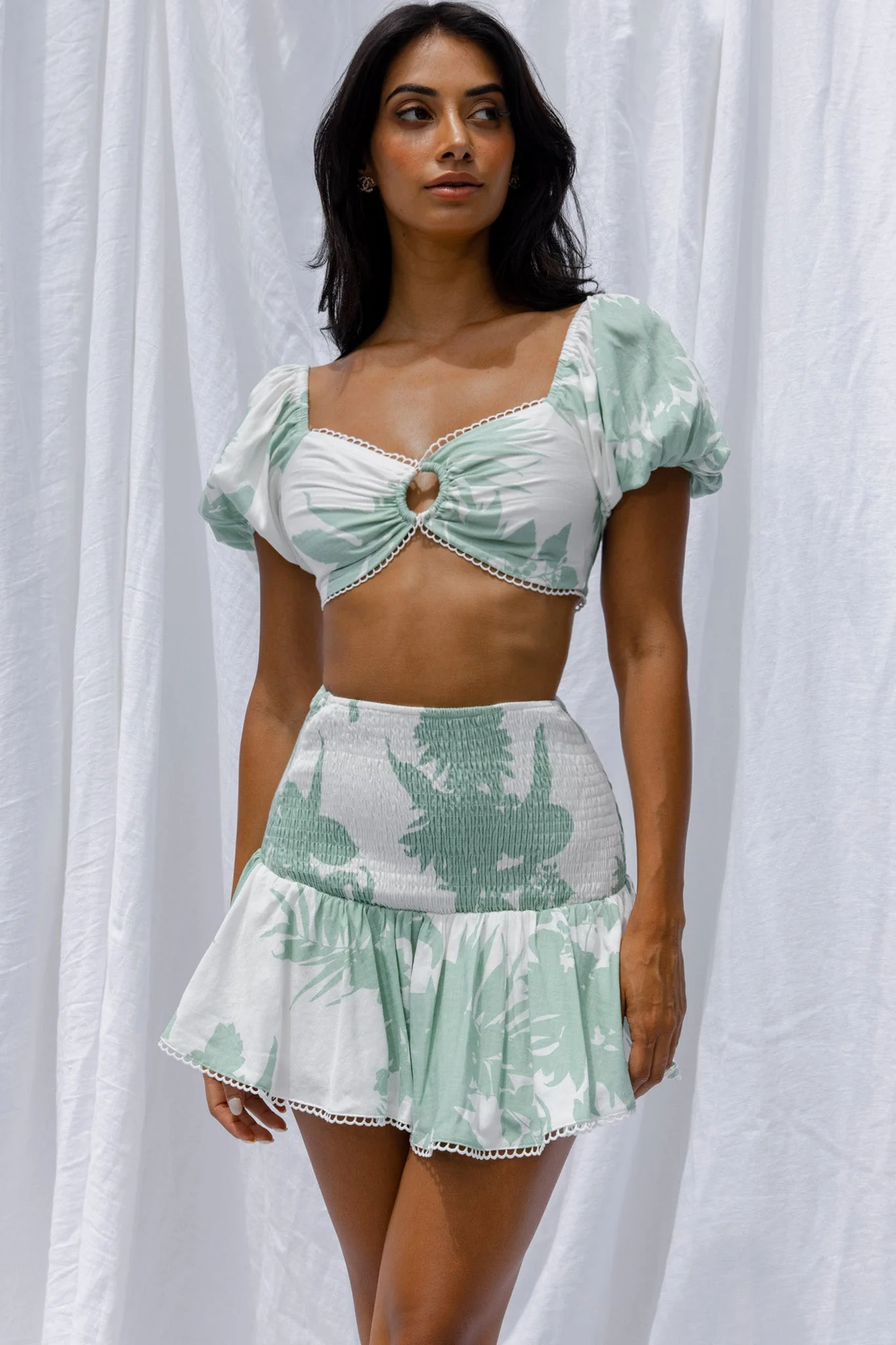 Escape With Me Shirred Mini Skirt Printed Sage - Image 5