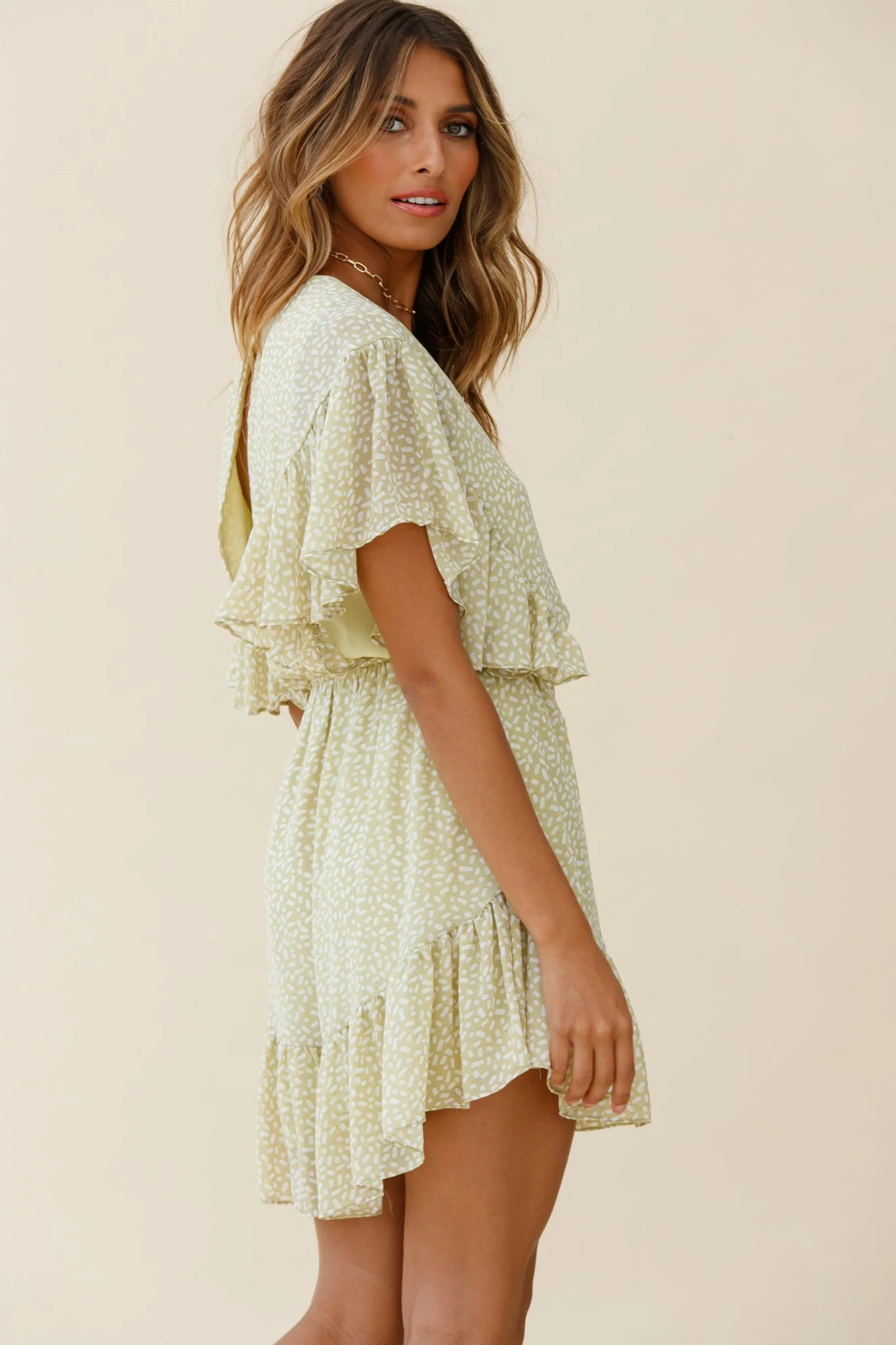 Esme V-Neckline Drawstring Waist Dress Sprinkle Print Lime - Image 3