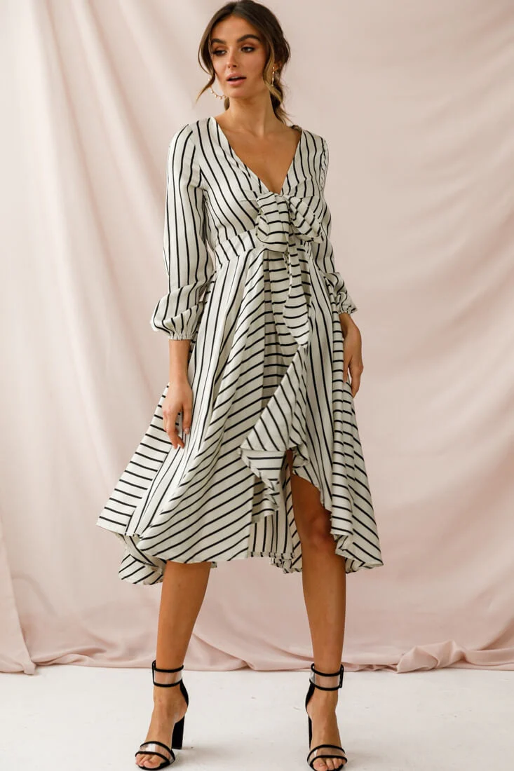 Essex Striped Bust Tie Midi Dress Beige - Image 6