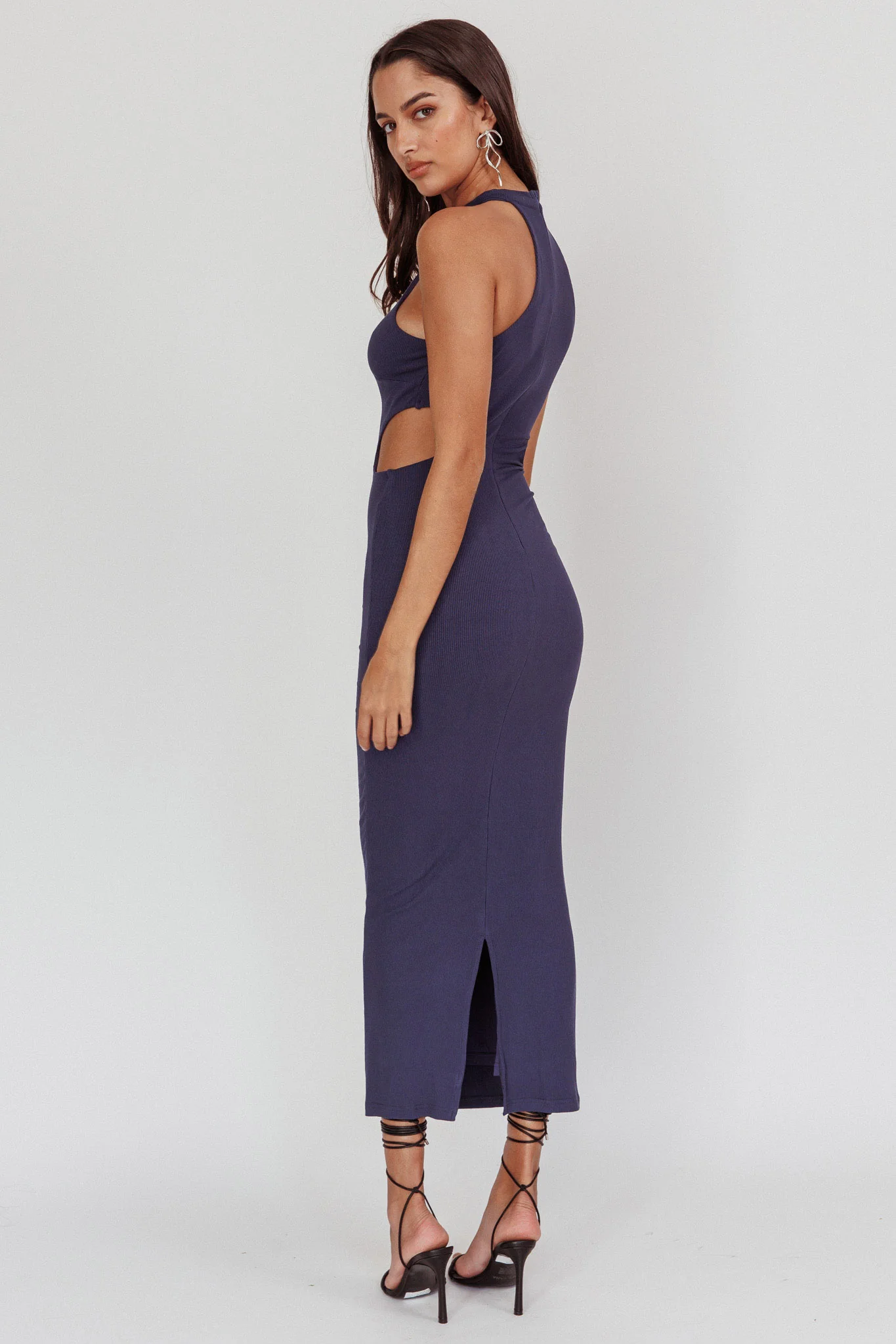 Estella Keyhole Ribbed Midi Dress Navy - Image 2