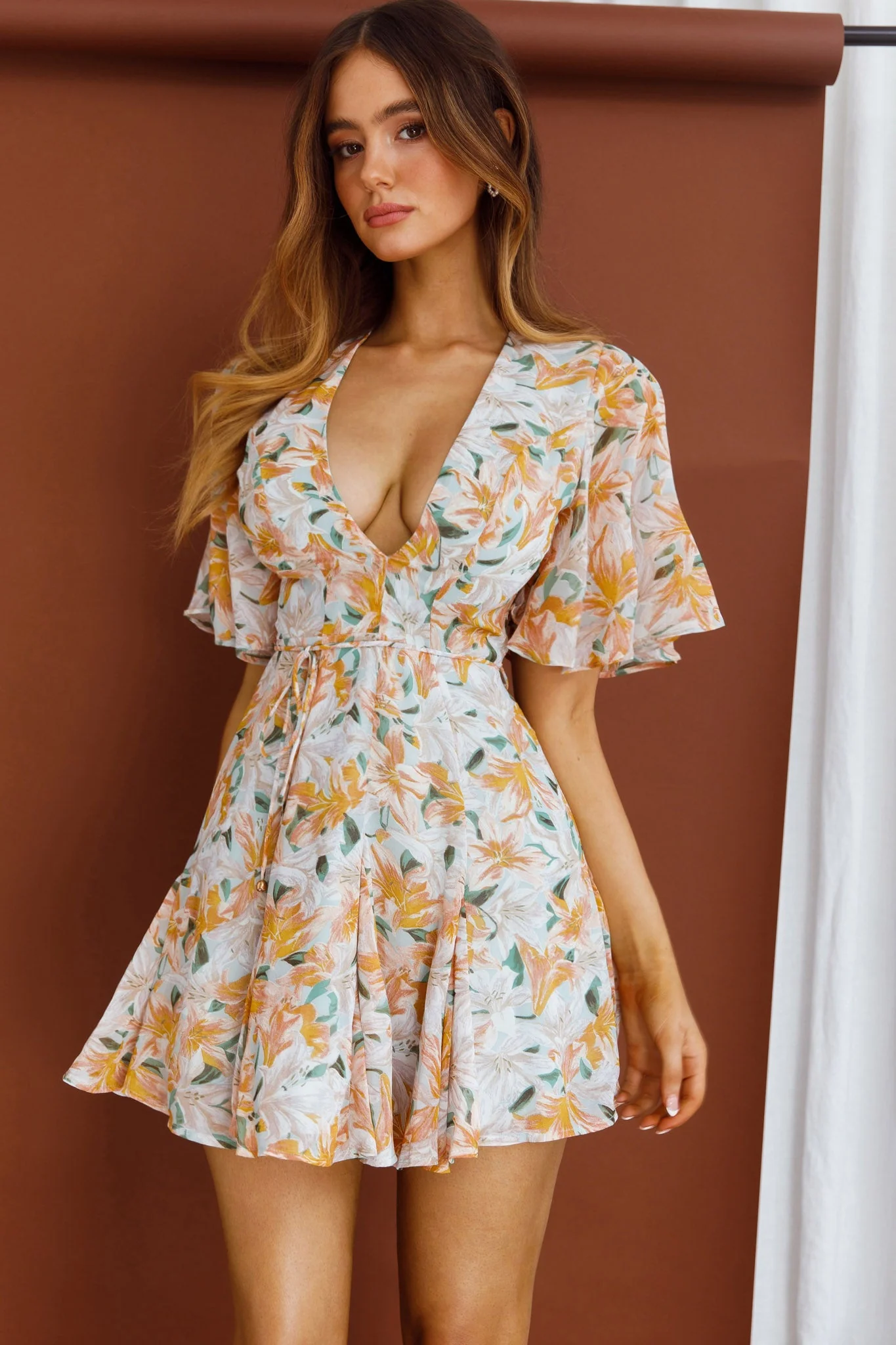 Estelle Angel Sleeve Dress Lily Print Blue - Image 6