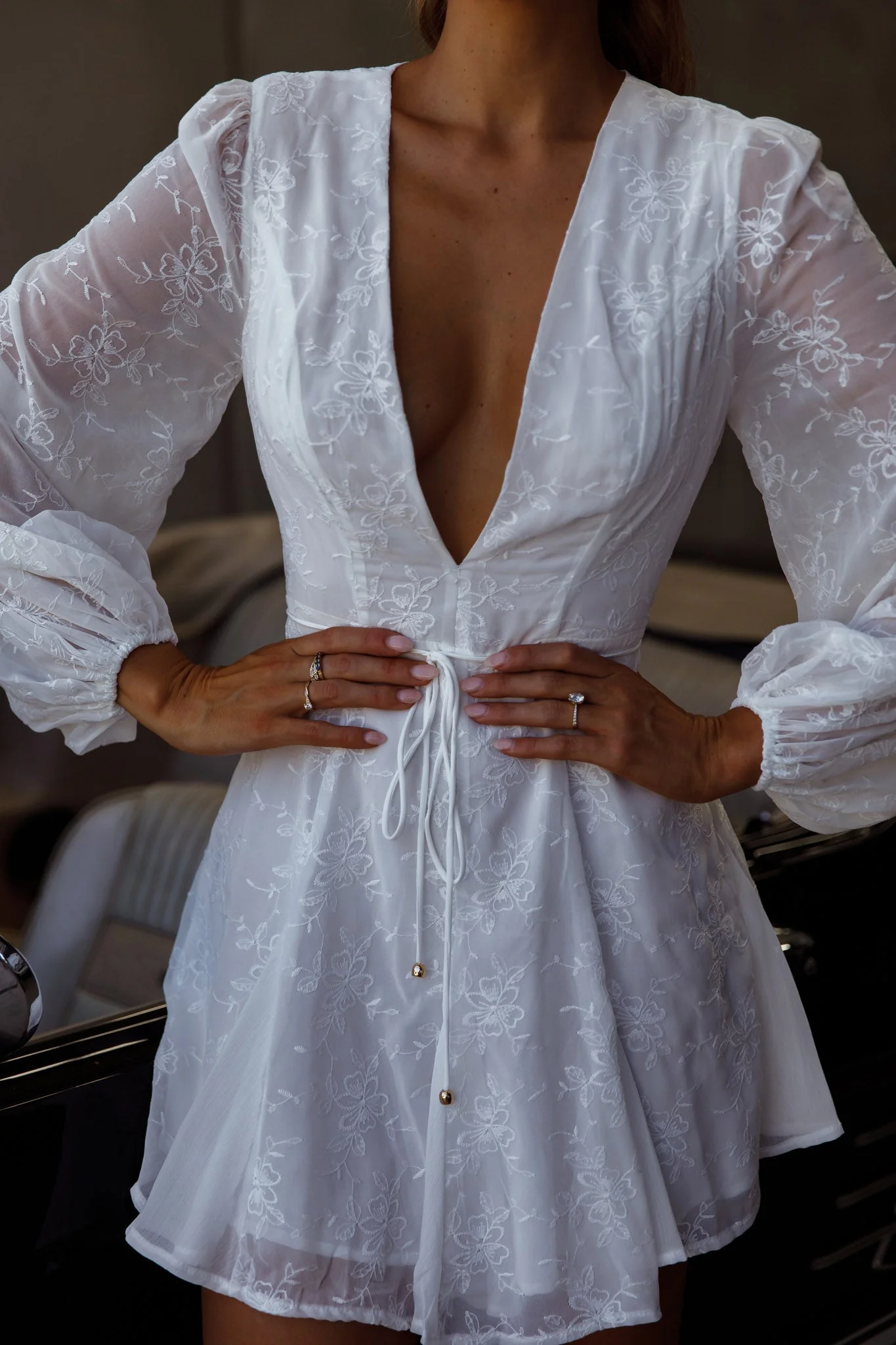 Estelle Long Sleeve V-Neckline Dress Embroidered White - Image 4