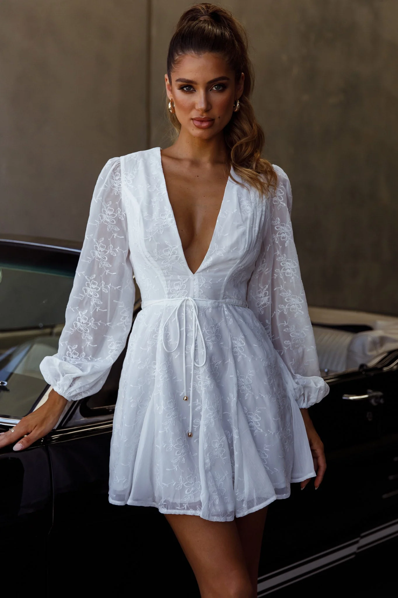 Estelle Long Sleeve V-Neckline Dress Embroidered White - Image 5