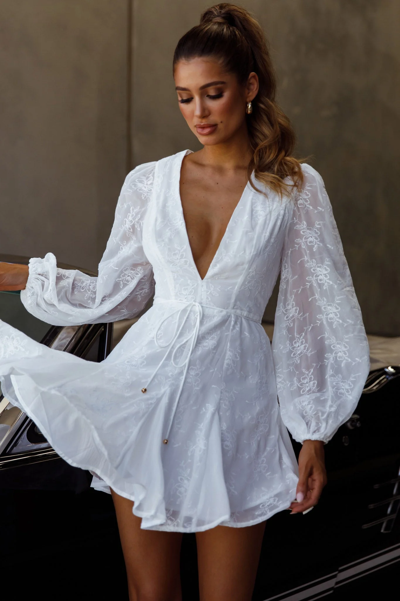 Estelle Long Sleeve V-Neckline Dress Embroidered White - Image 6