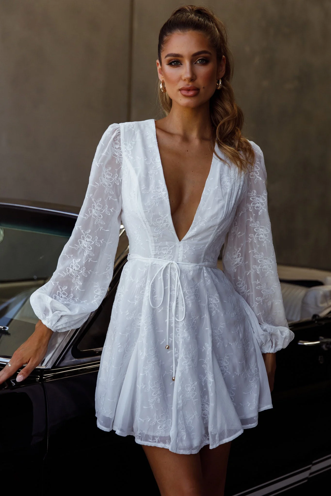 Estelle Long Sleeve V-Neckline Dress Embroidered White - Image 7