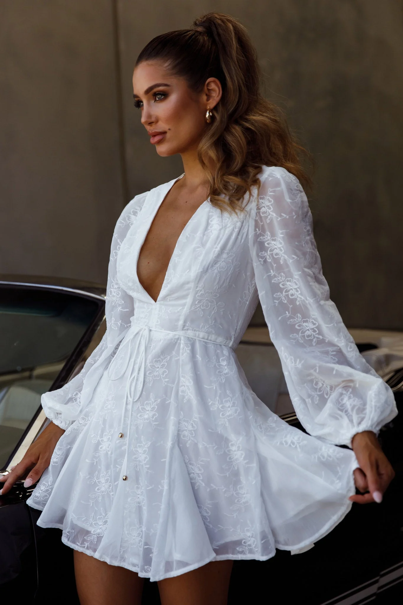Estelle Long Sleeve V-Neckline Dress Embroidered White - Image 8