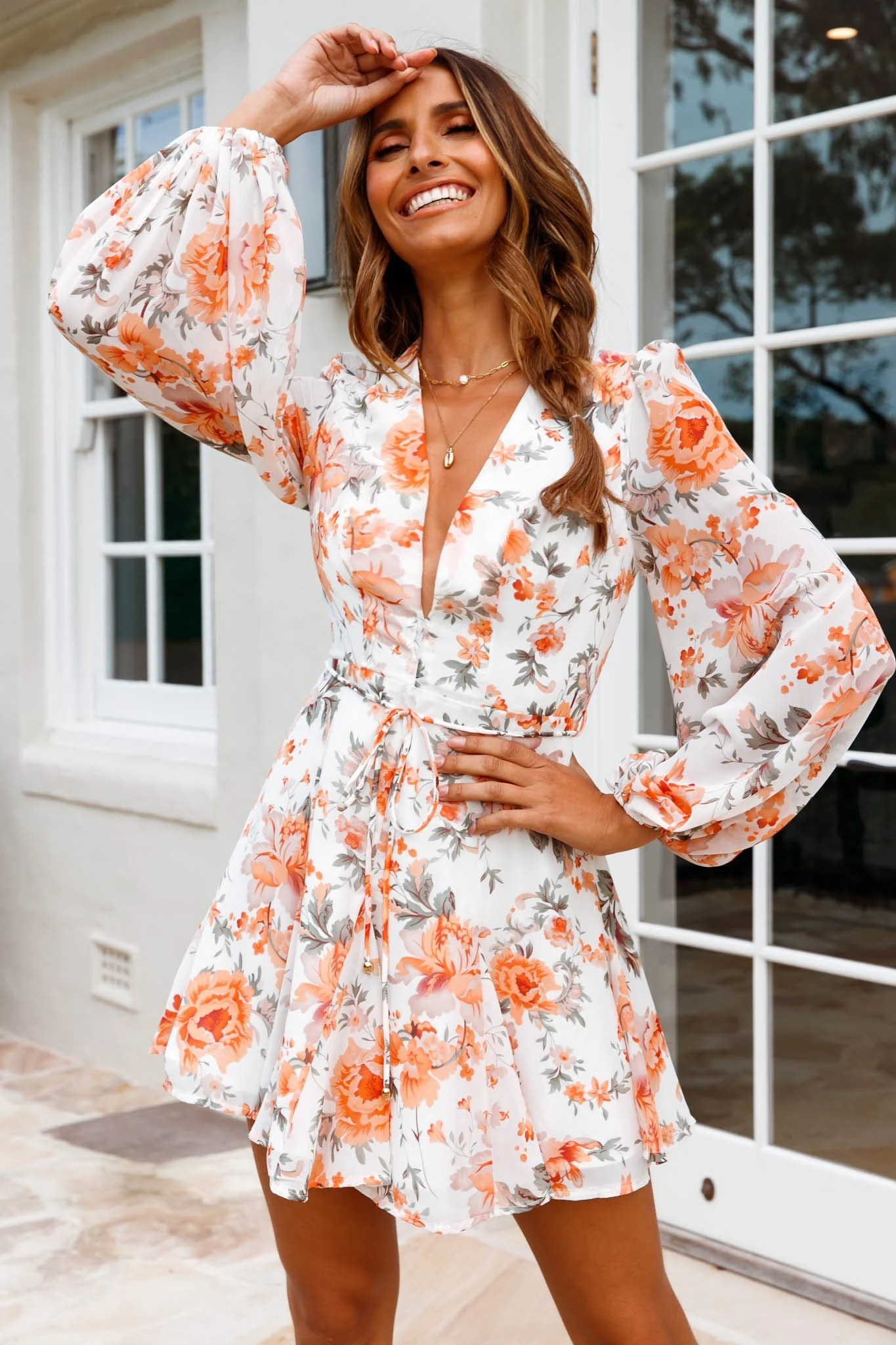 Estelle Long Sleeve V-Neckline Dress Floral Print Orange