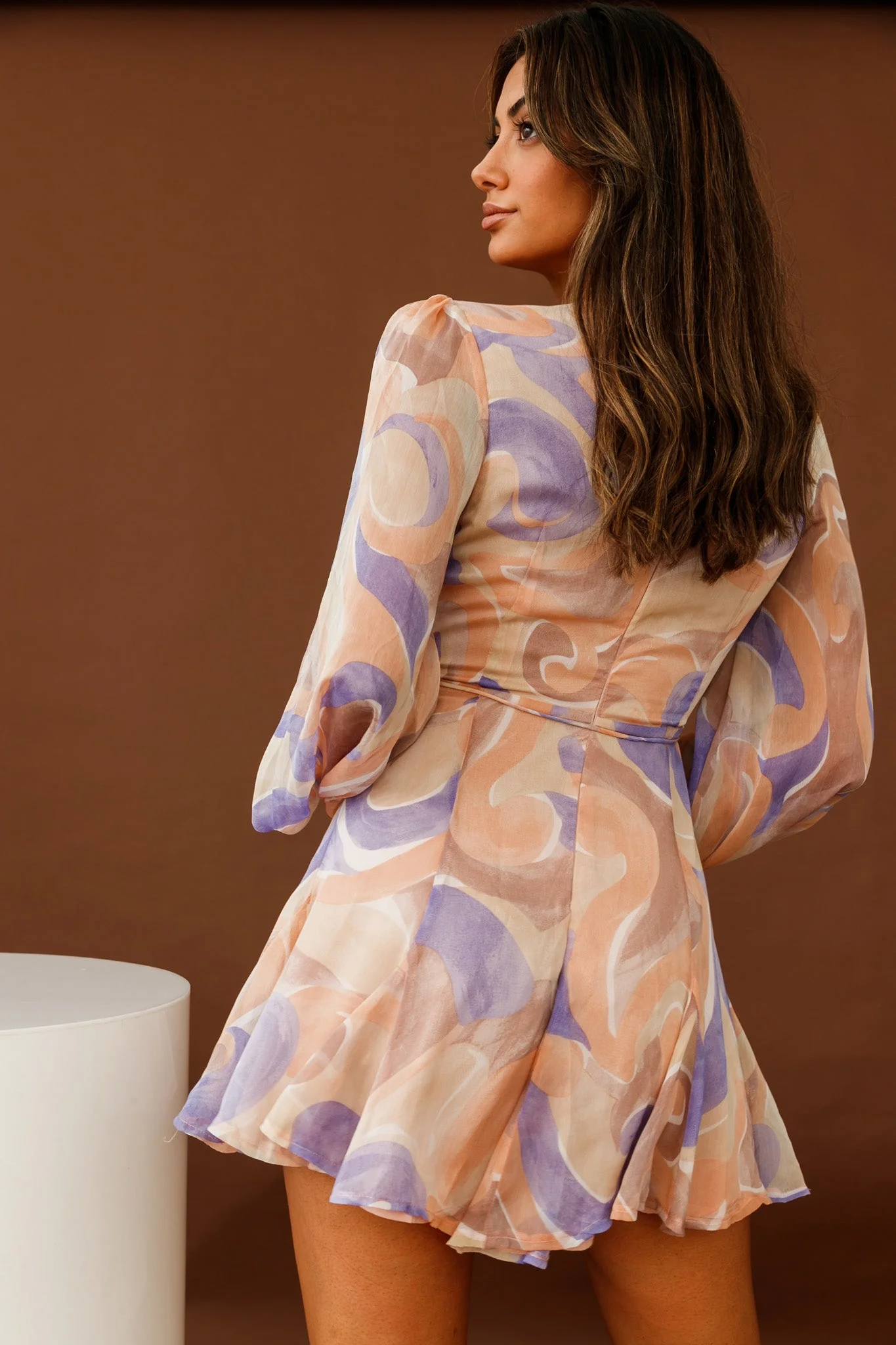 Estelle Long Sleeve V-Neckline Dress Swirl Print Nude/Purple - Image 2