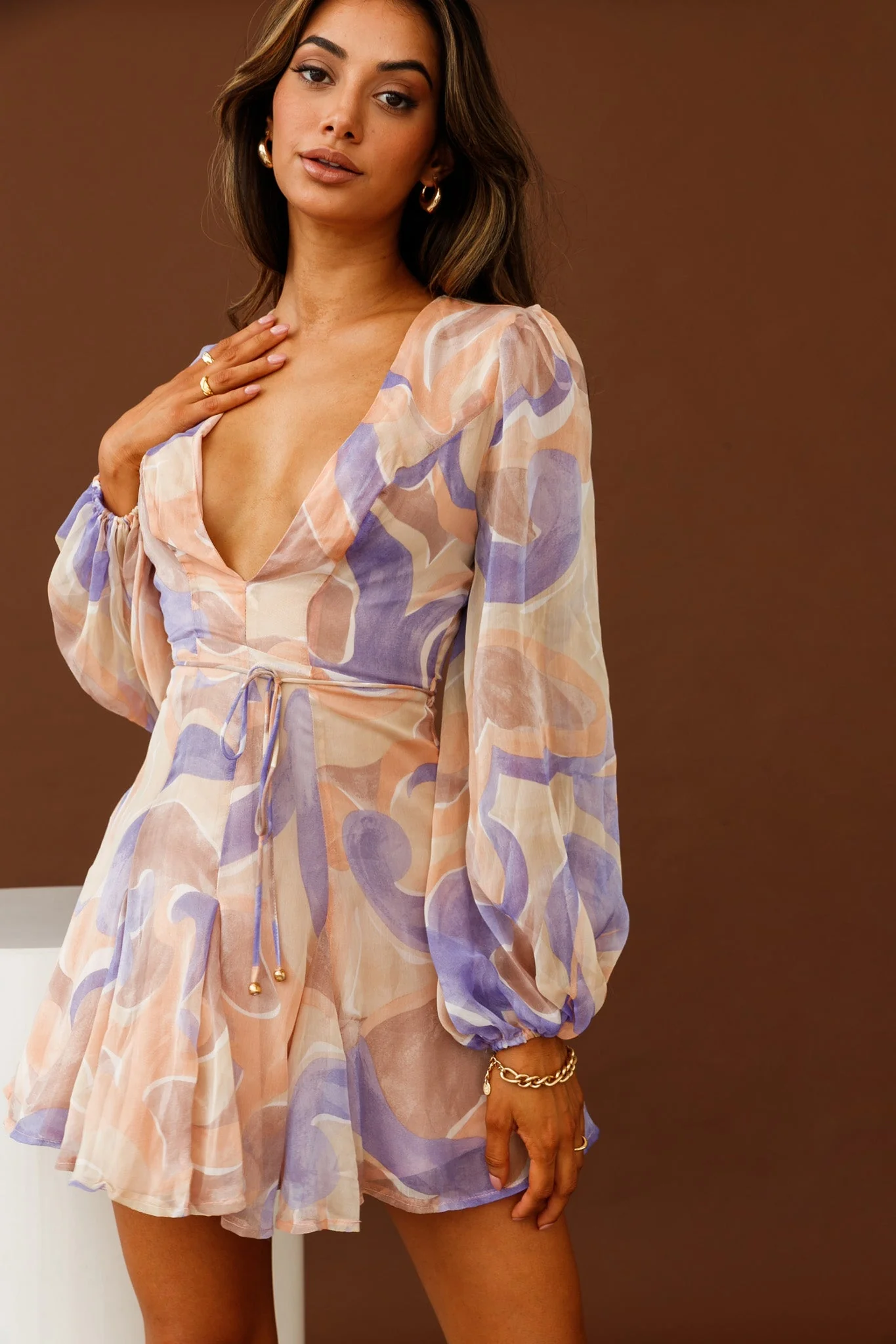 Estelle Long Sleeve V-Neckline Dress Swirl Print Nude/Purple - Image 4