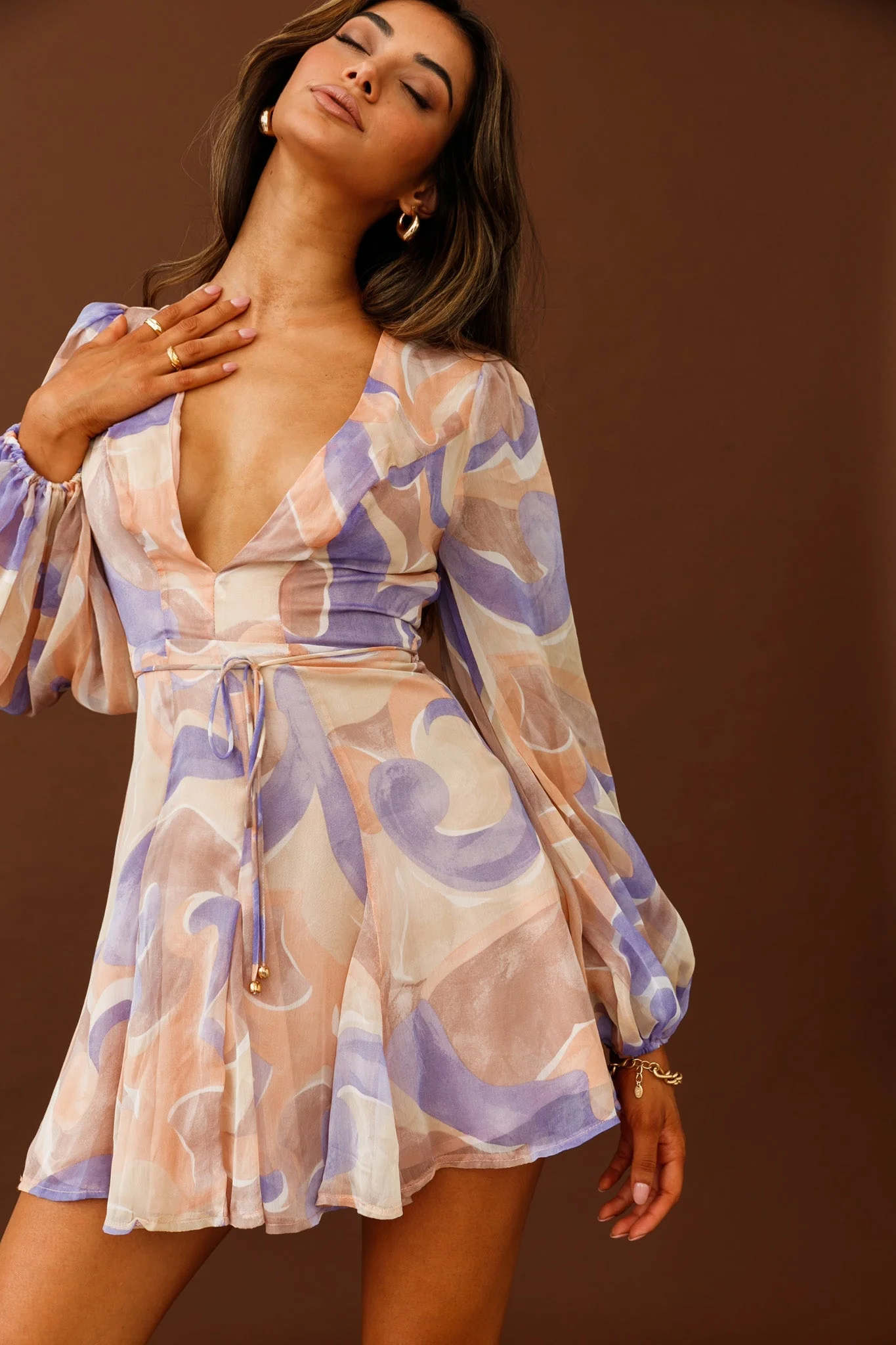 Estelle Long Sleeve V-Neckline Dress Swirl Print Nude/Purple - Image 6