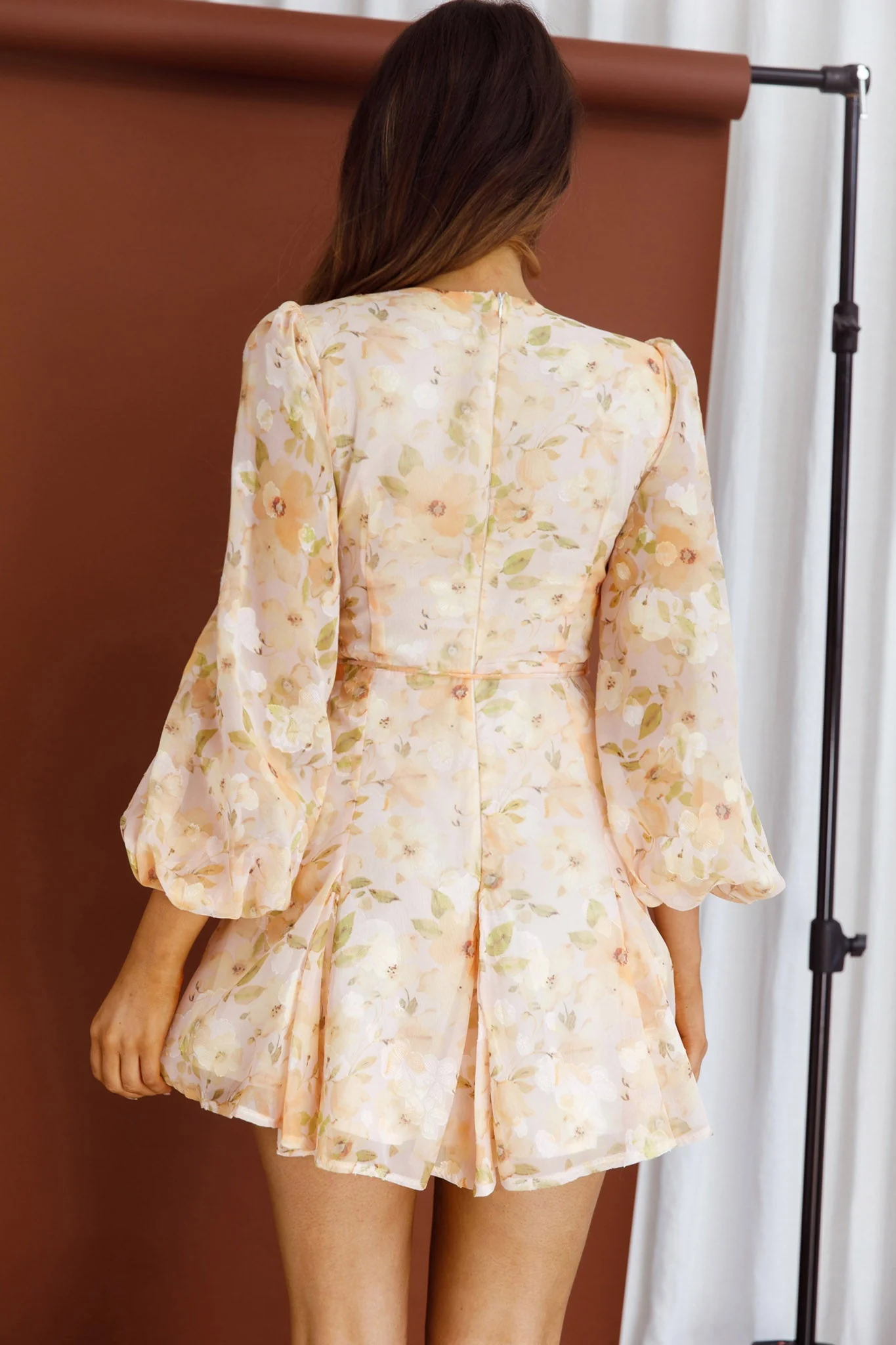 Estelle Long Sleeve V-Neckline Dress Watercolor Floral Print Peach - Image 2