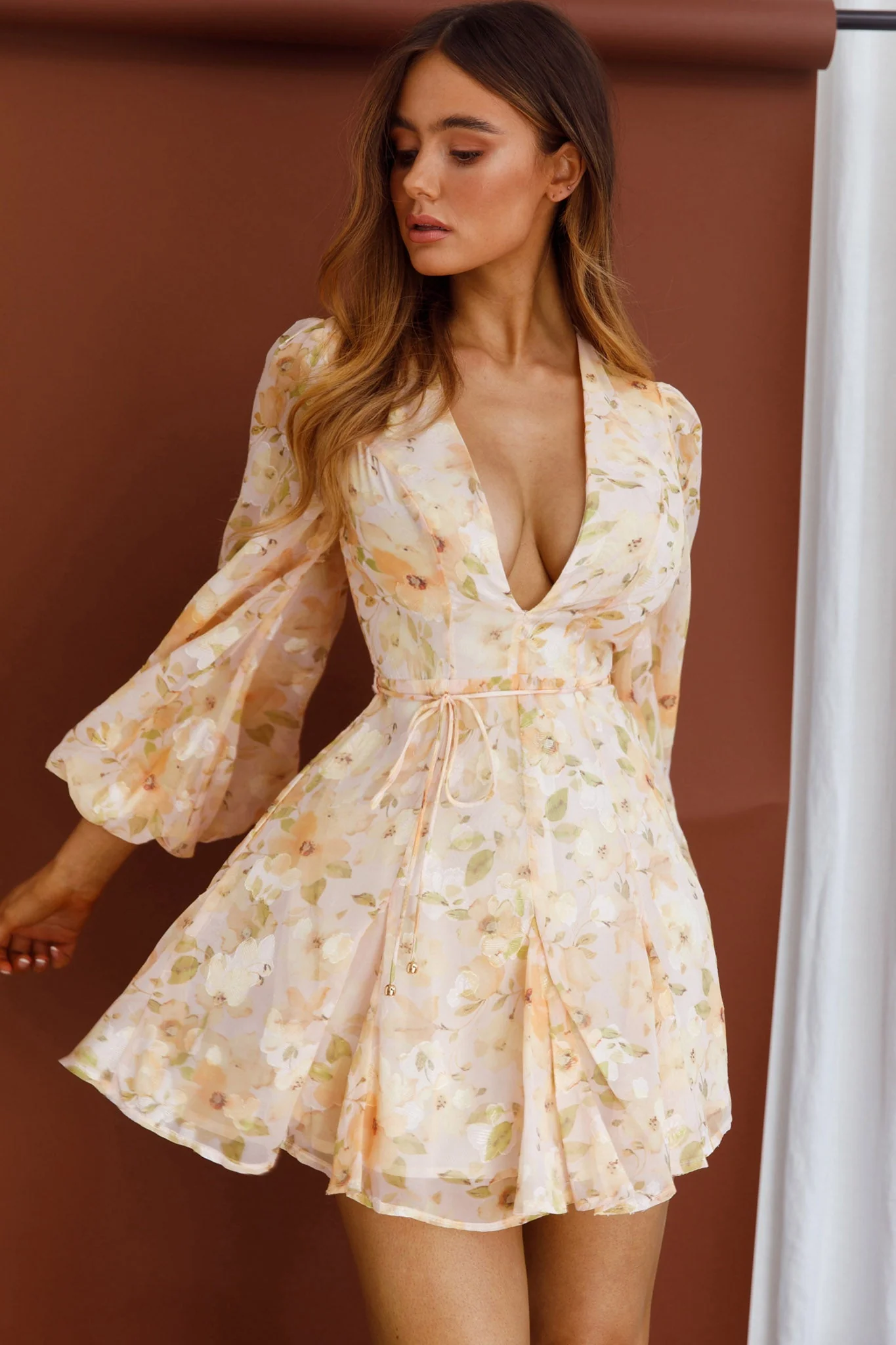 Estelle Long Sleeve V-Neckline Dress Watercolor Floral Print Peach - Image 4