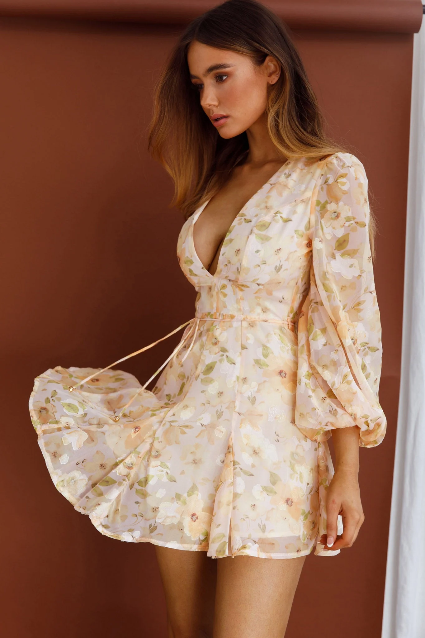 Estelle Long Sleeve V-Neckline Dress Watercolor Floral Print Peach - Image 6