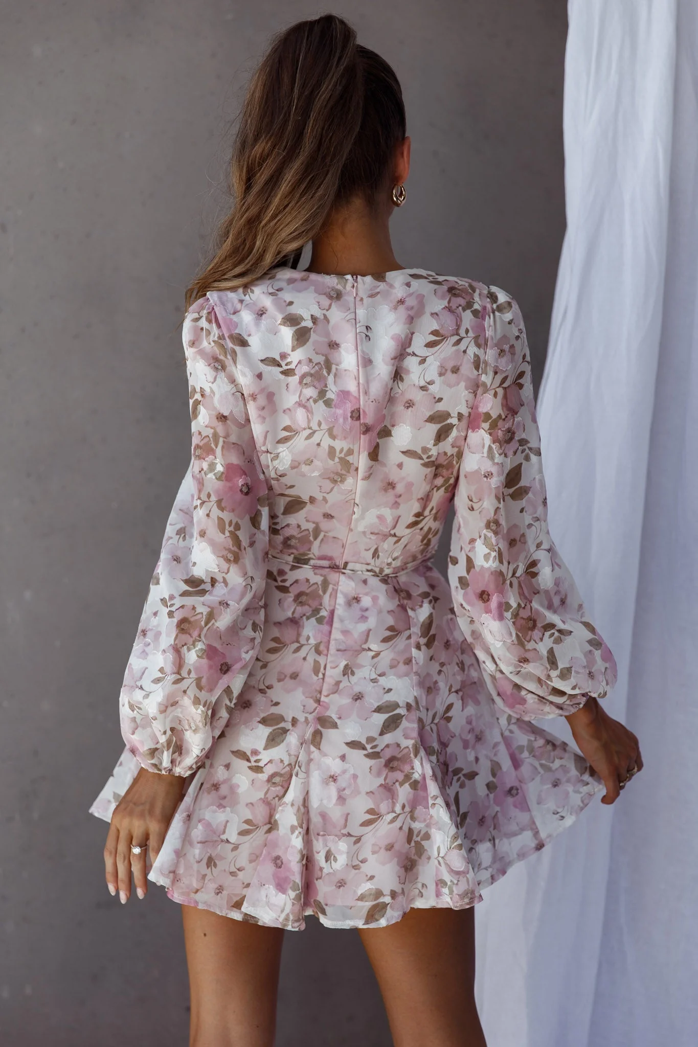 Estelle Long Sleeve V-Neckline Dress Watercolor Floral Print Rose - Image 2