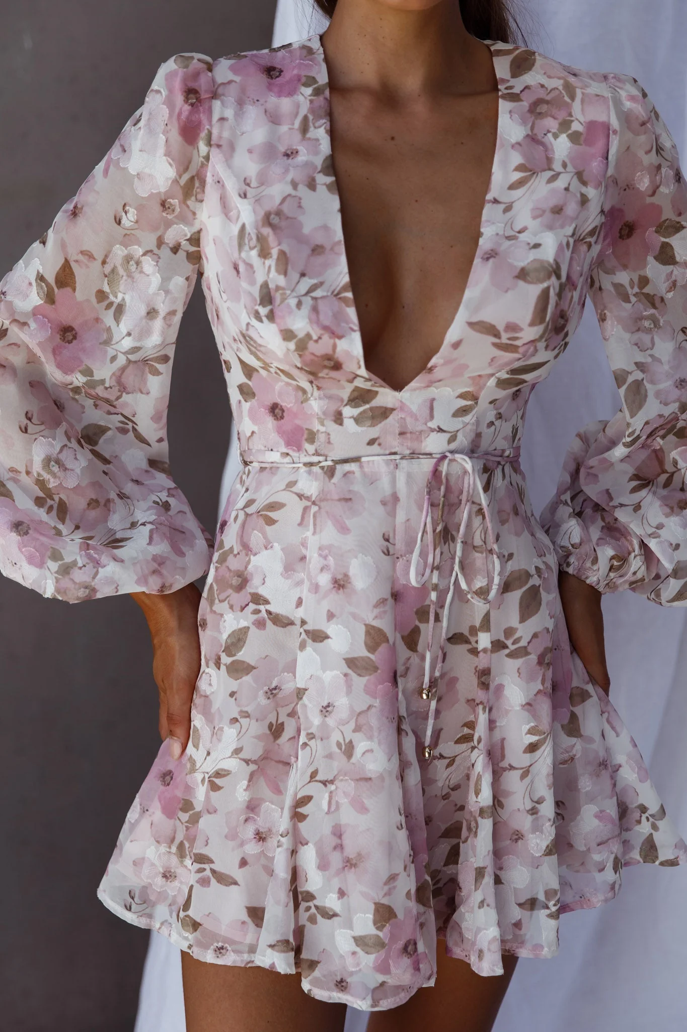 Estelle Long Sleeve V-Neckline Dress Watercolor Floral Print Rose - Image 4