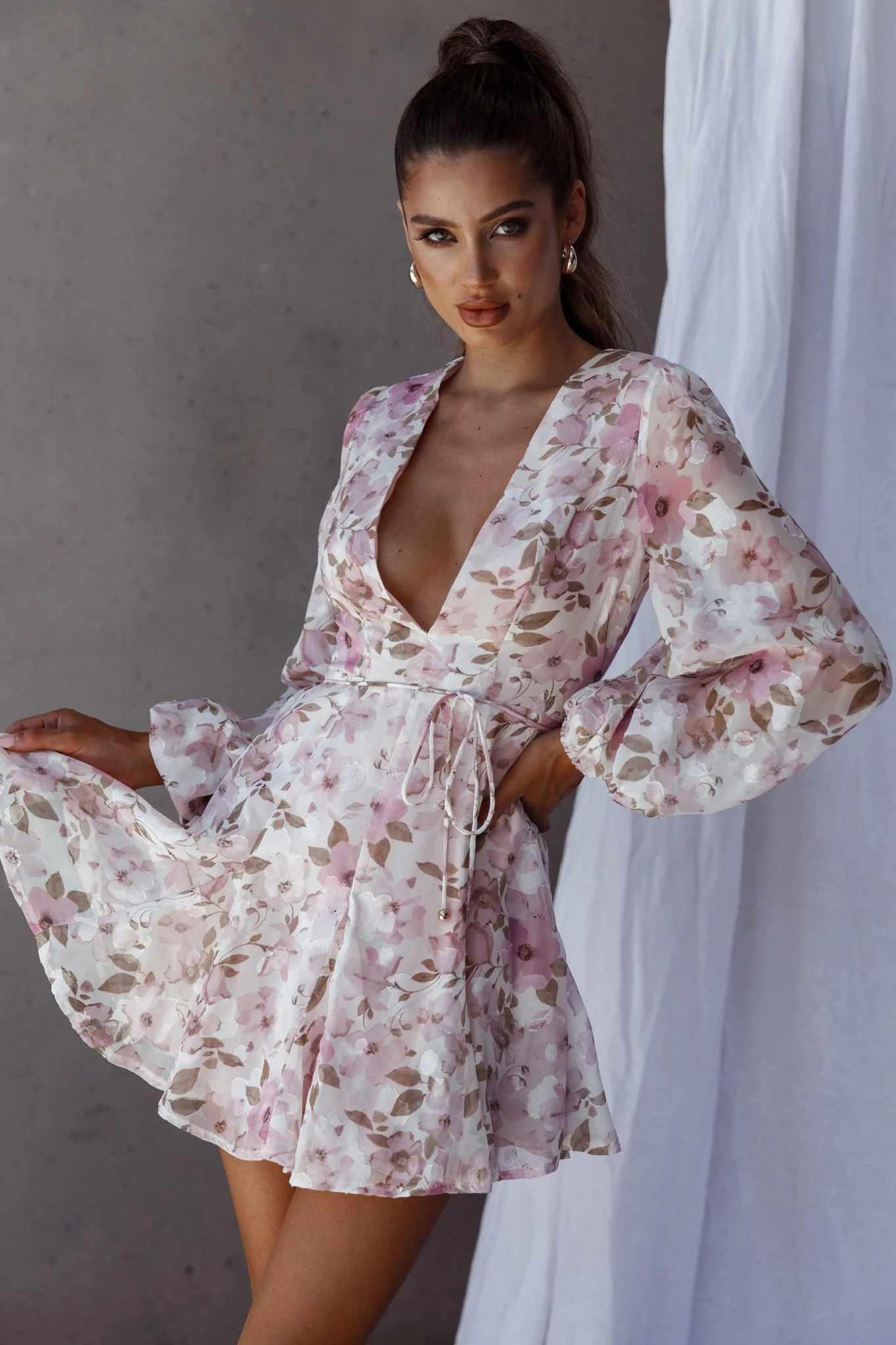 Estelle Long Sleeve V-Neckline Dress Watercolor Floral Print Rose - Image 5