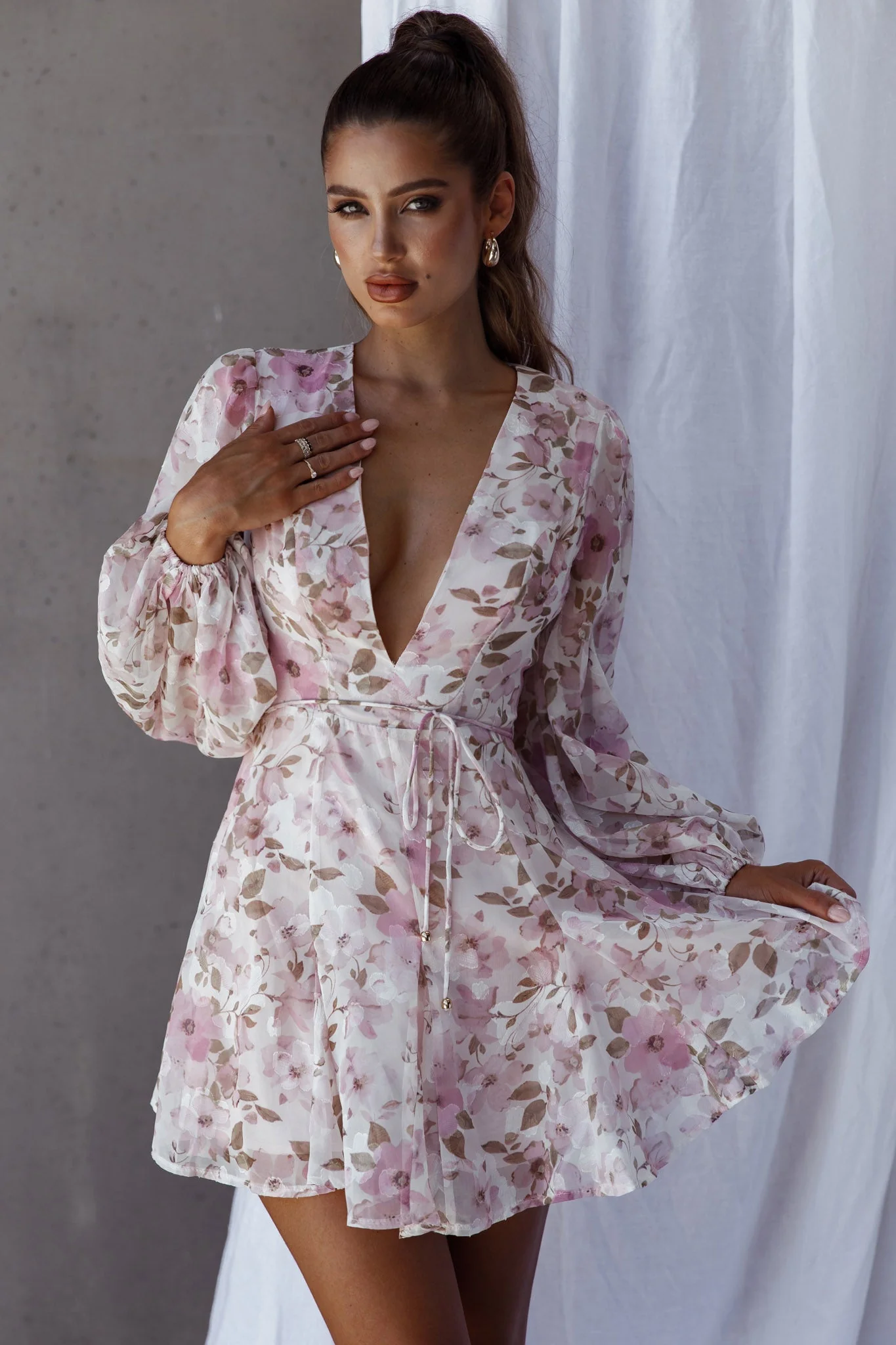 Estelle Long Sleeve V-Neckline Dress Watercolor Floral Print Rose - Image 7