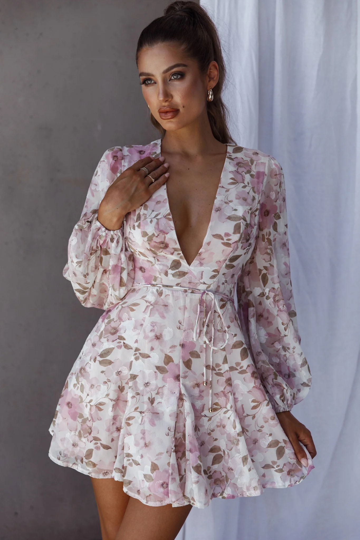 Estelle Long Sleeve V-Neckline Dress Watercolor Floral Print Rose - Image 8