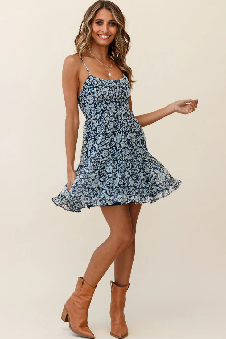 Eternal Sunshine Gathered Bust Babydoll Dress Ornate Floral Print Navy - Image 4