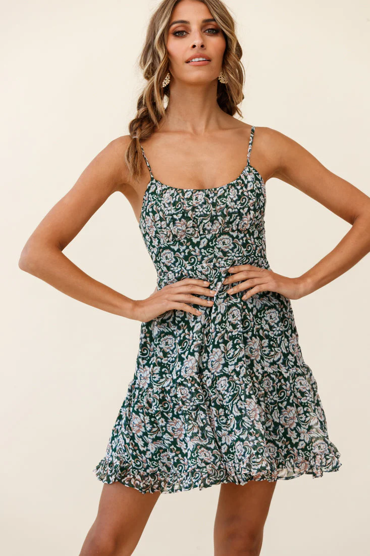 Eternal Sunshine Gathered Bust Babydoll Dress Ornate Floral Print Olive - Image 3