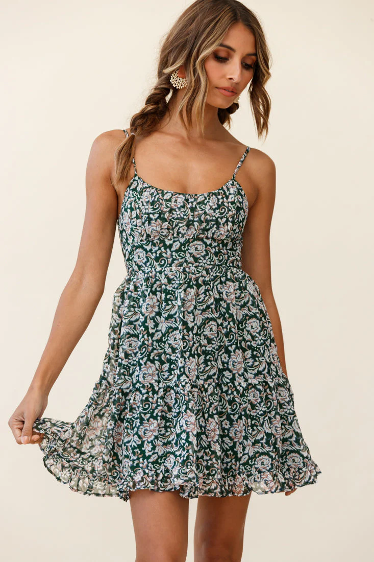 Eternal Sunshine Gathered Bust Babydoll Dress Ornate Floral Print Olive - Image 4