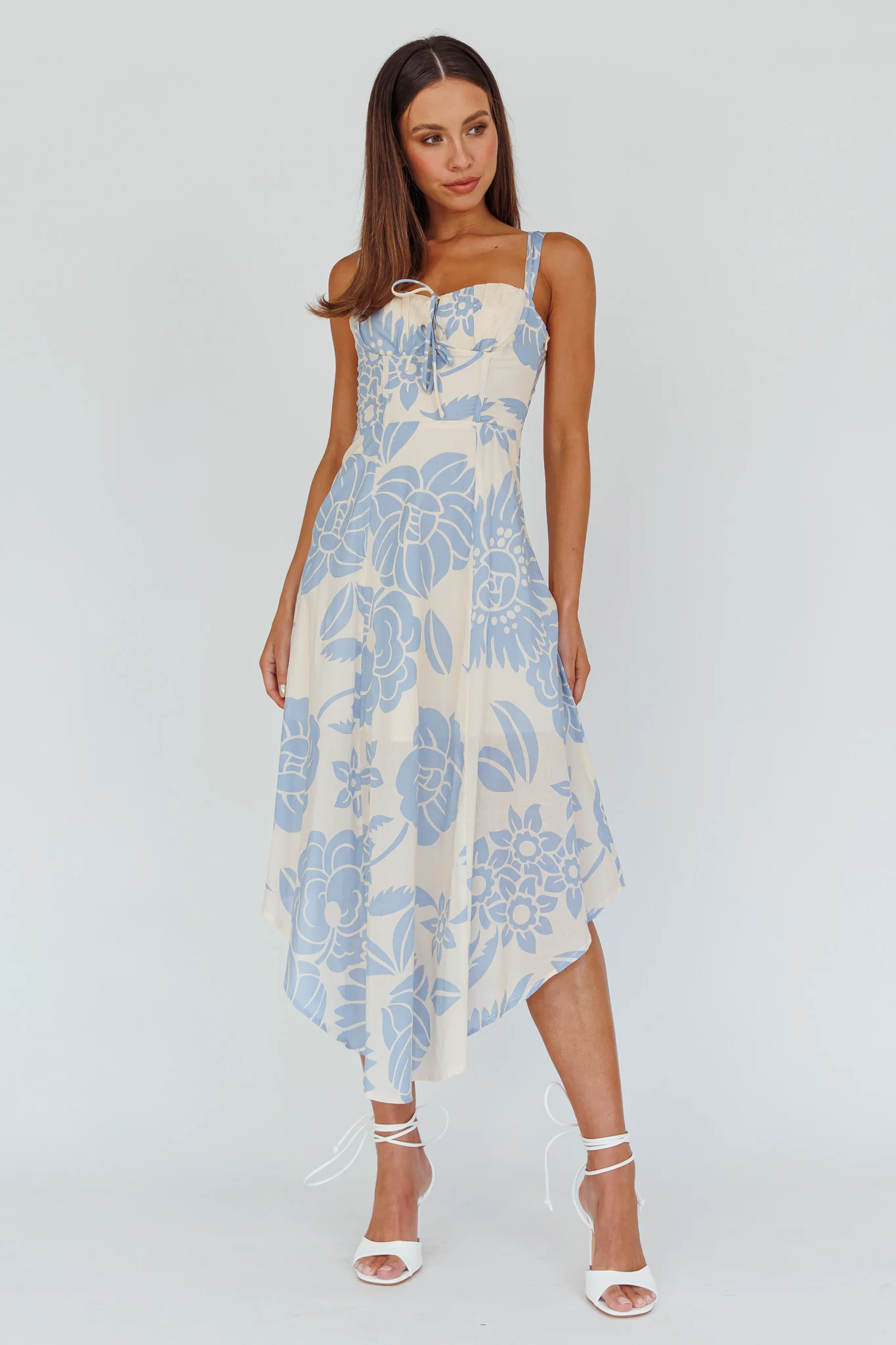 Euro Summer Asymmetrical Hem Midi Dress Floral Beige - Image 6