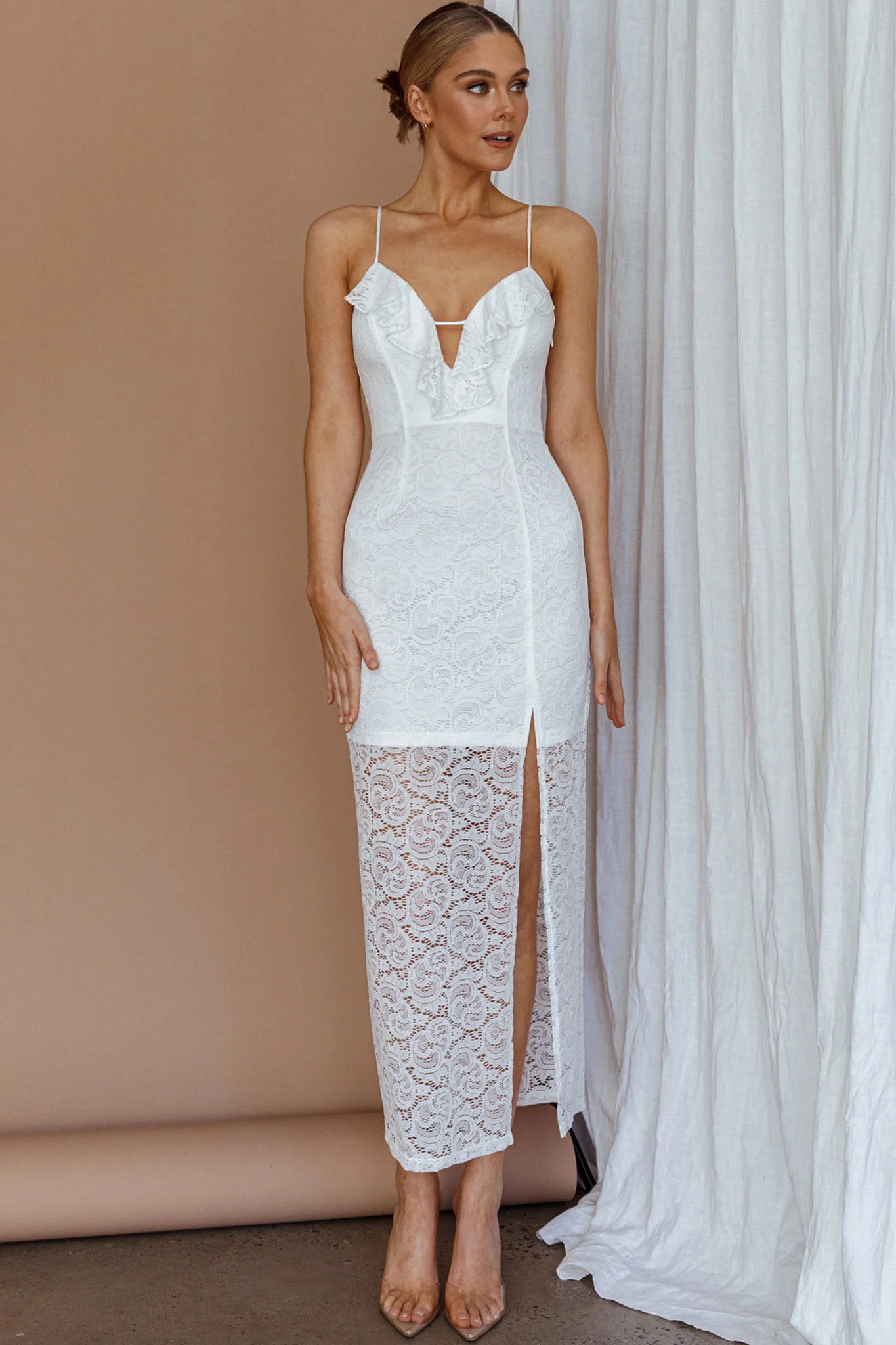 Evaleigh Frill Trim Lace Midi Dress White - Image 7