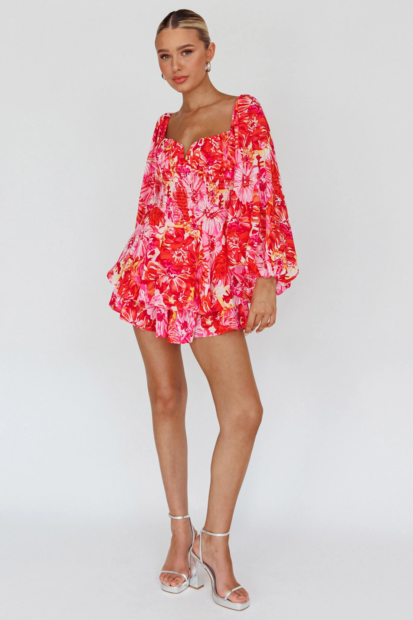 Evanice Shirred Waist Romper Floral Red - Image 3