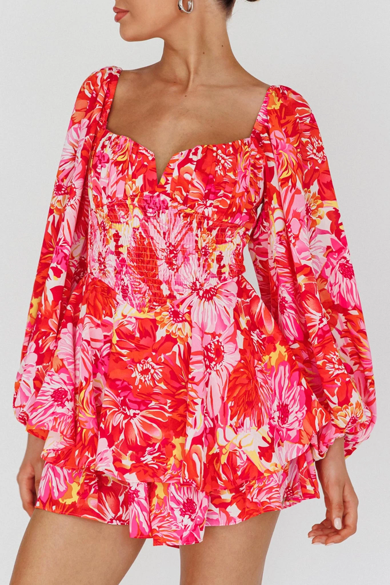 Evanice Shirred Waist Romper Floral Red - Image 4