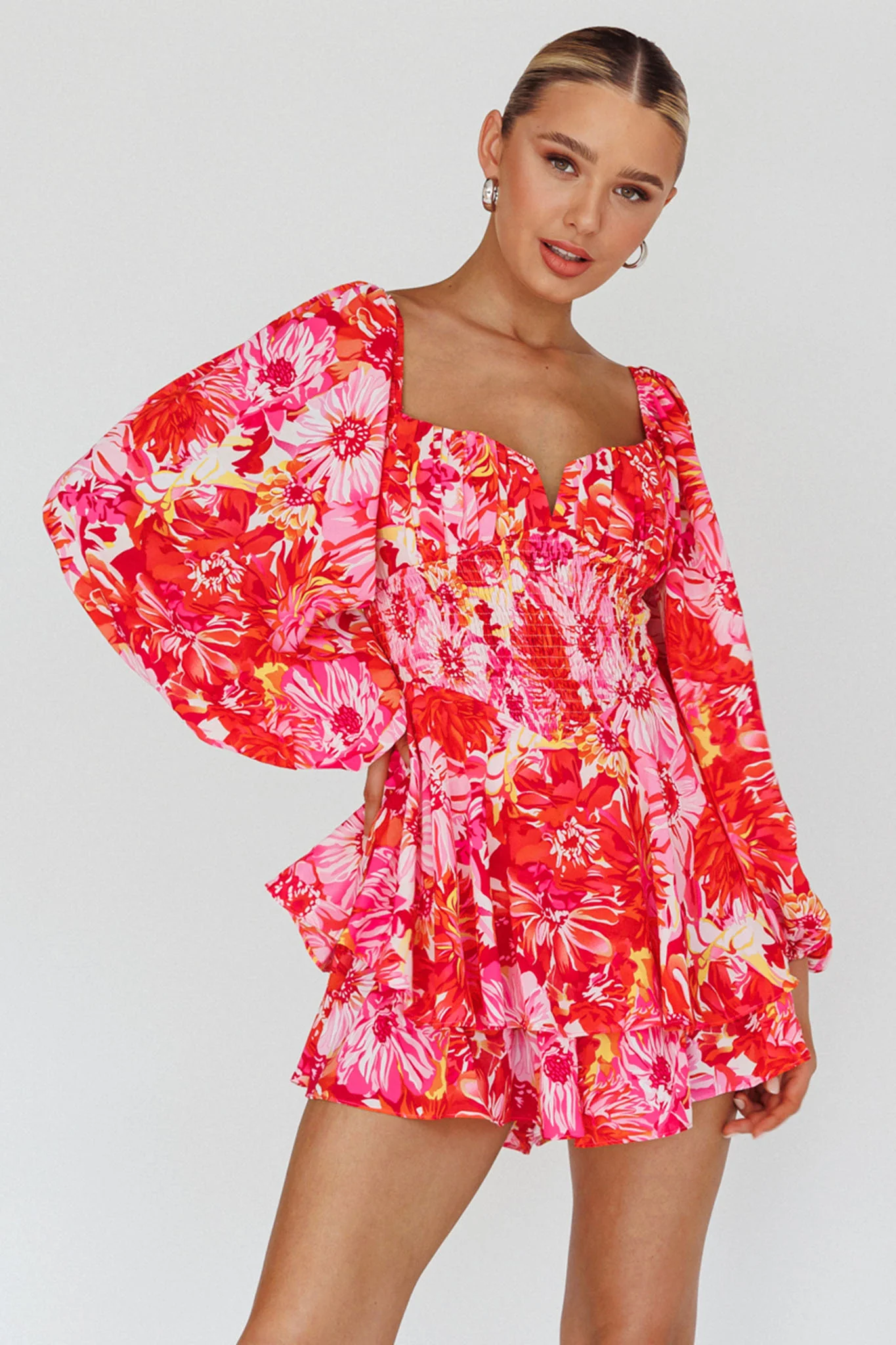 Evanice Shirred Waist Romper Floral Red - Image 5