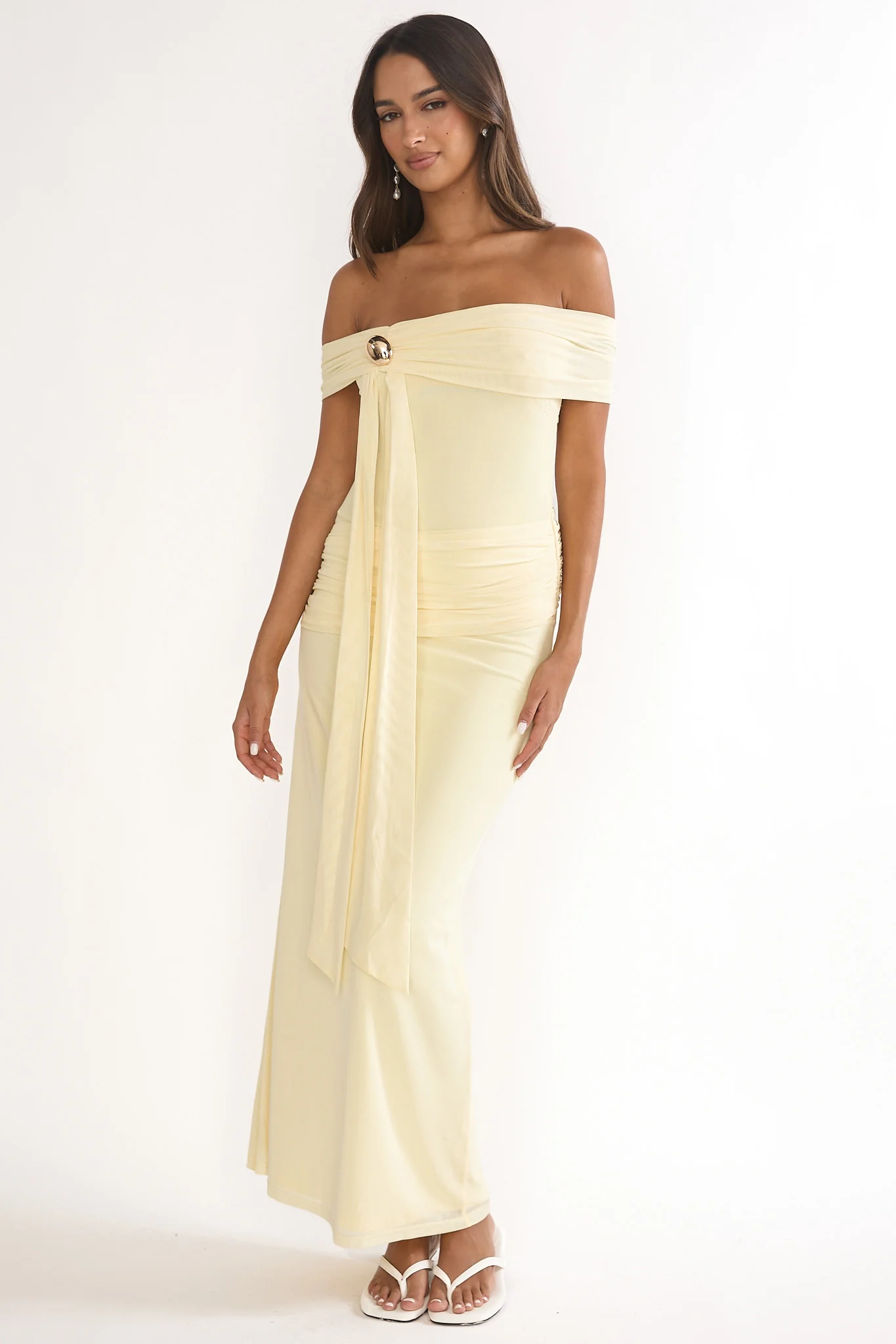 Evanthe Off-Shoulder Sash Maxi Dress Lemon - Image 5