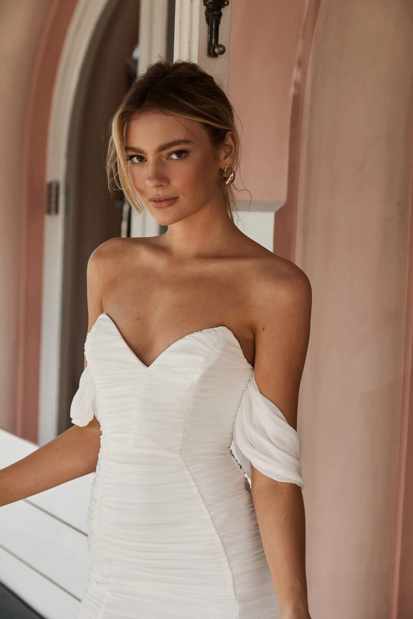Evelina Draped Sleeve Sweetheart Neckline Ruched Dress White - Image 6